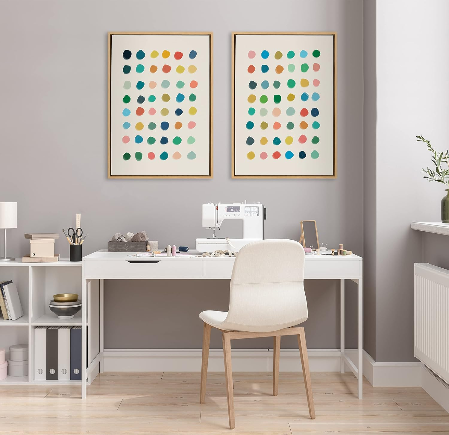 Kate and Laurel Sylvie Meditation 1 and 2 Framed Canvas Wall Art Set by Kelly Knaga, 2 Piece 23x33 Natural, Modern Abstract Colorful Polka Dot Art Set for Wall Home Decor