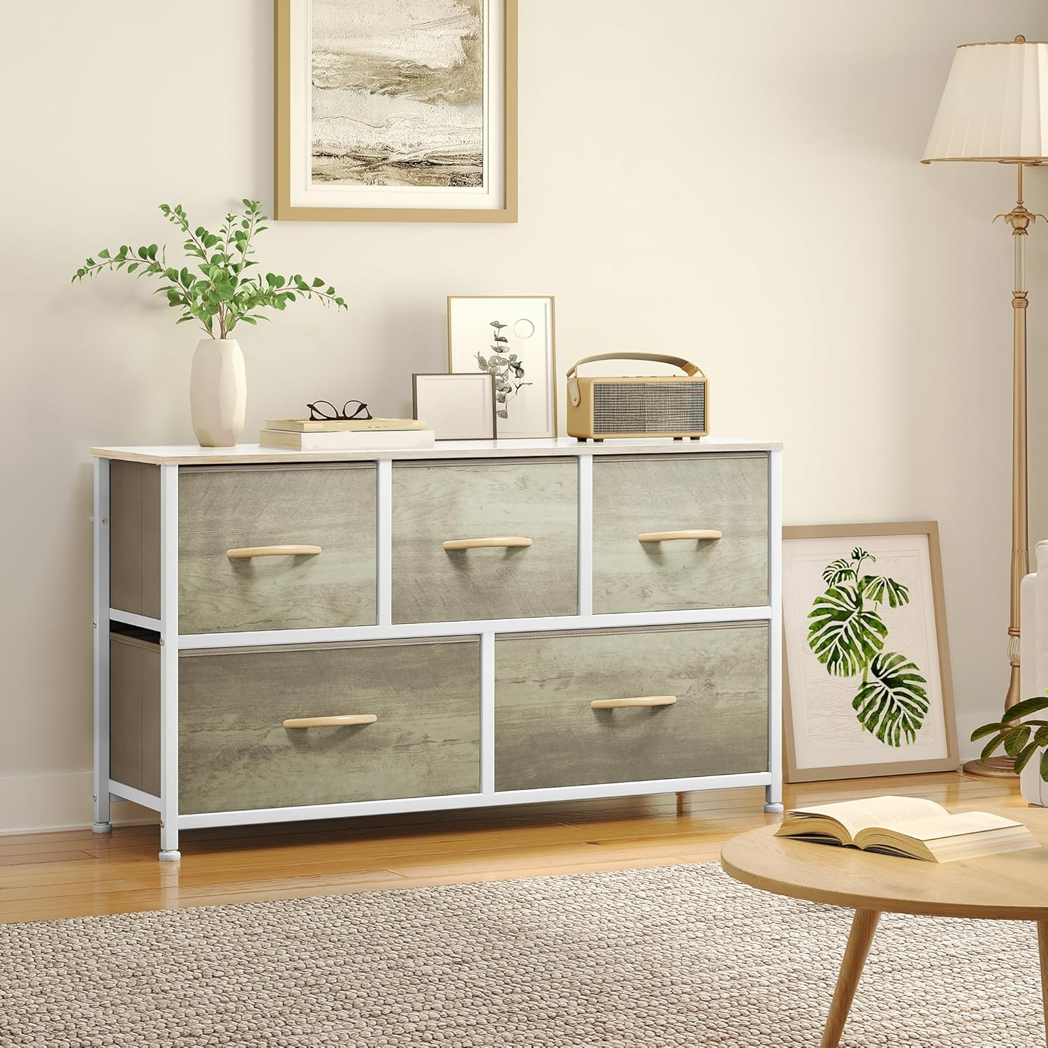 YITAHOME Wide Chest of Drawers, Dresser with 5 Drawers, Oak Greige Fabric Storage Tower, Dresser for Bedroom with 5 Drawers, Living Room, Closets - Sturdy Steel Frame, Wooden Top