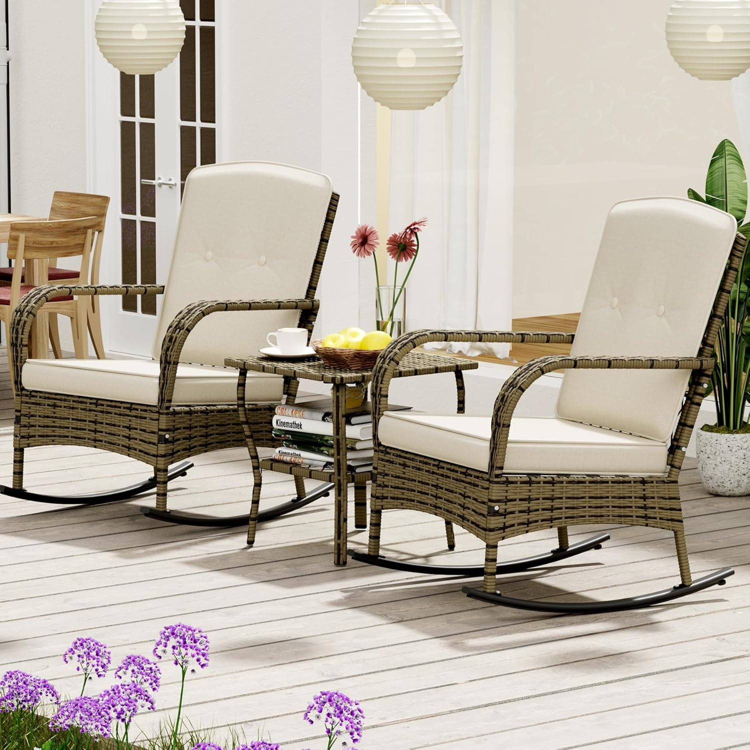 3 Pieces Patio Conversation Set, Outdoor Rocking Chair, Wicker Bistro Set, Outdoor Furniture with Porch Chairs and Coffee Table for Deck Garden Poolside, Beige