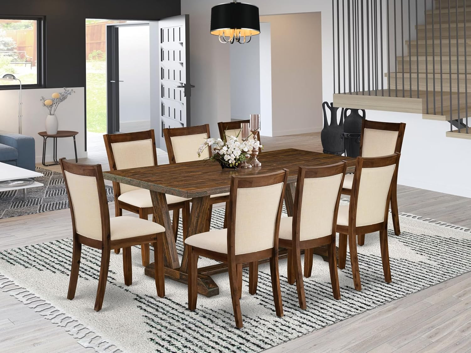 V777MZN32-9- Dinner Table and 8 Light Beige Chairs - Distressed Jacobean Finish