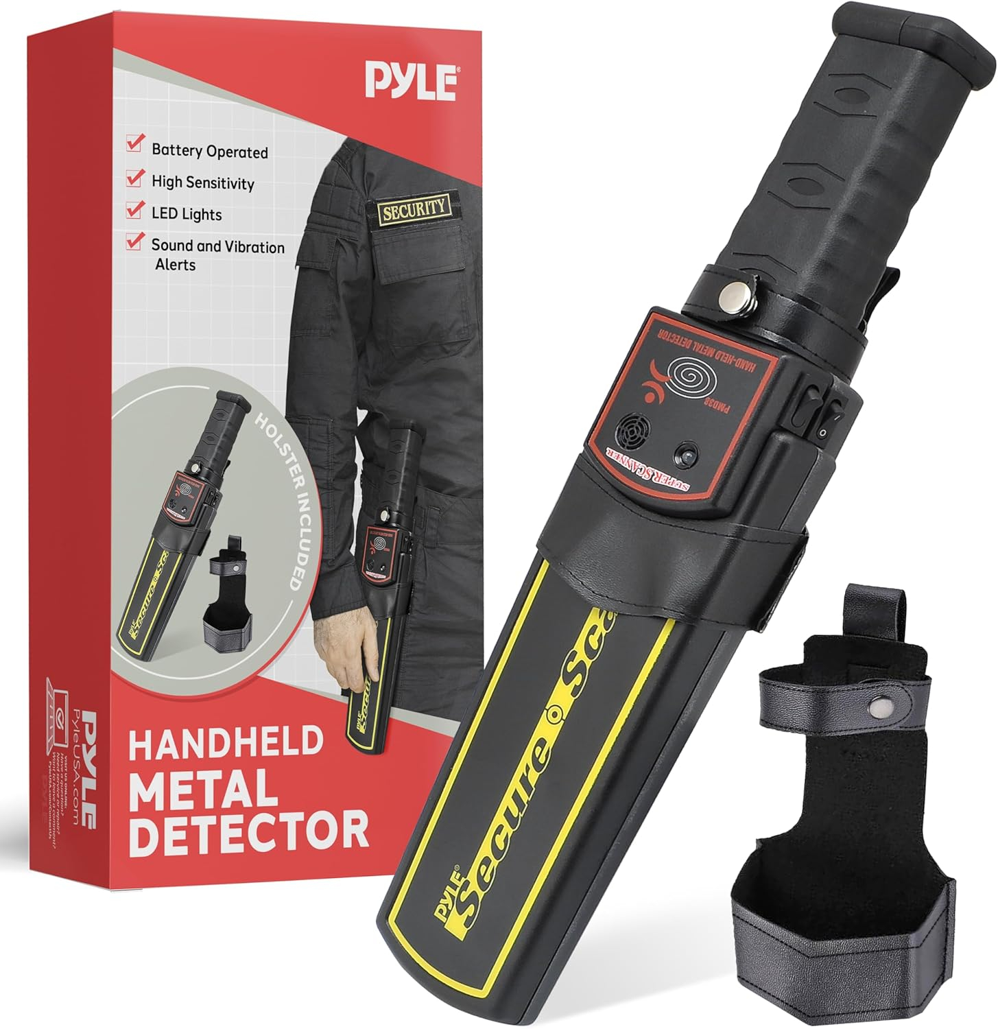PYLE Handheld Metal Detector Security Wand - Portable Battery Operated Super Security Scanner w/ Adjustable Sensitivity, Sound Vibration Alerts, Detects Weapons, Knives & Other Metal Objects - PMD38