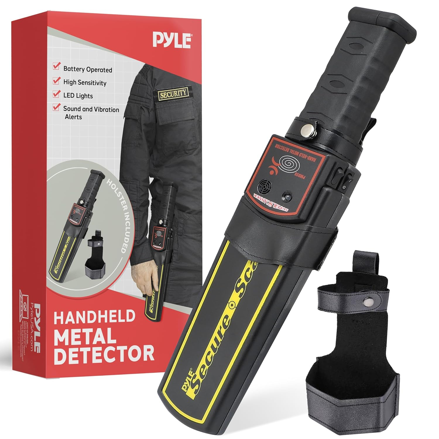 PYLE Handheld Metal Detector Security Wand - Portable Battery Operated Super Security Scanner w/ Adjustable Sensitivity, Sound Vibration Alerts, Detects Weapons, Knives & Other Metal Objects - PMD38