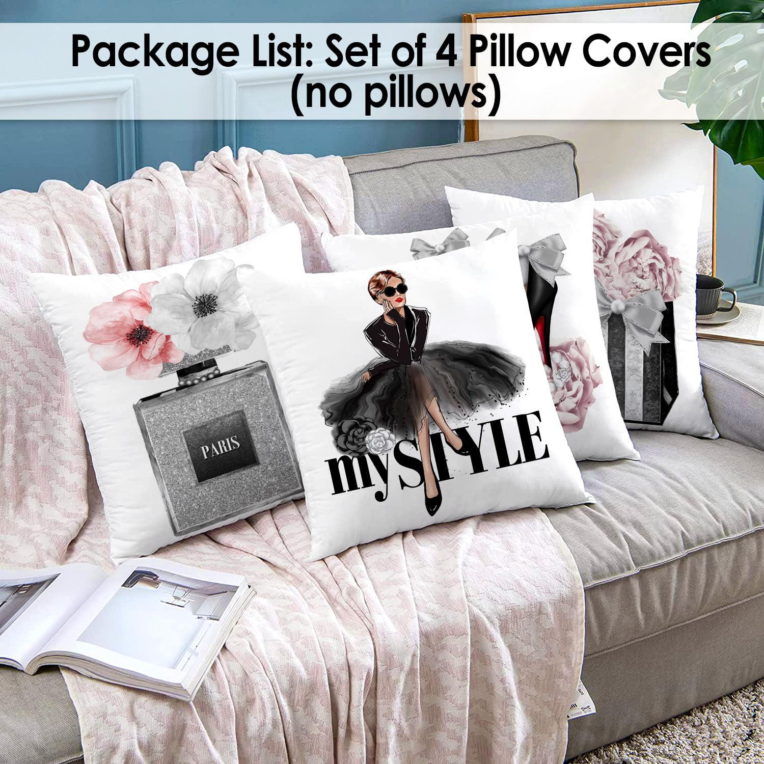 Set of 4 18x18 Pink Throw Pillow Covers Couch Bed Decorative Pillow Covers Fashion Girls Silver Perfume Flowers Cute Accent Pillow Covers Bedroom Black White Velvet Pillowcases (Pink and Gray)