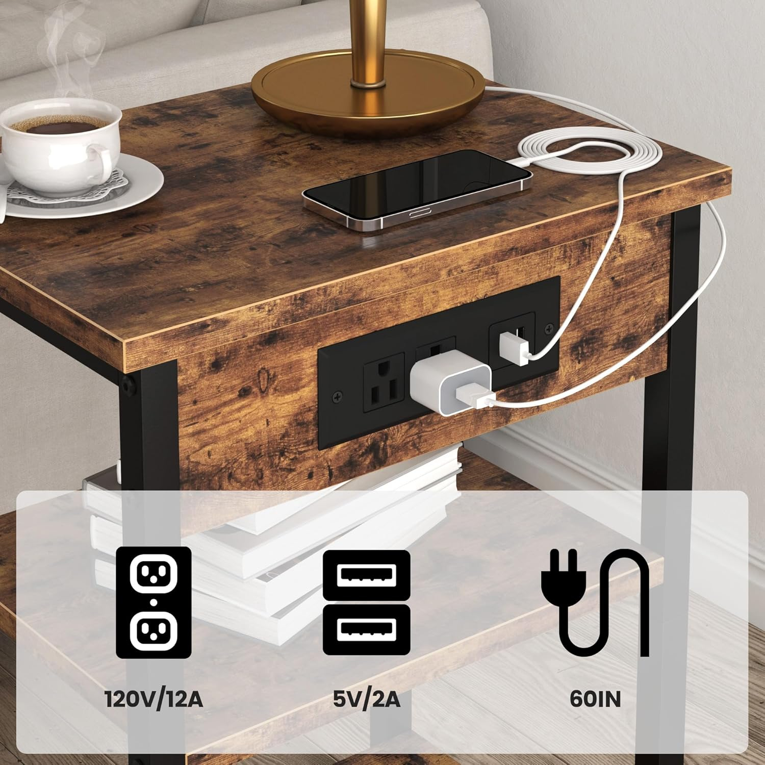 Rustic Brown 3-Tier End Tables with USB Charging Station
