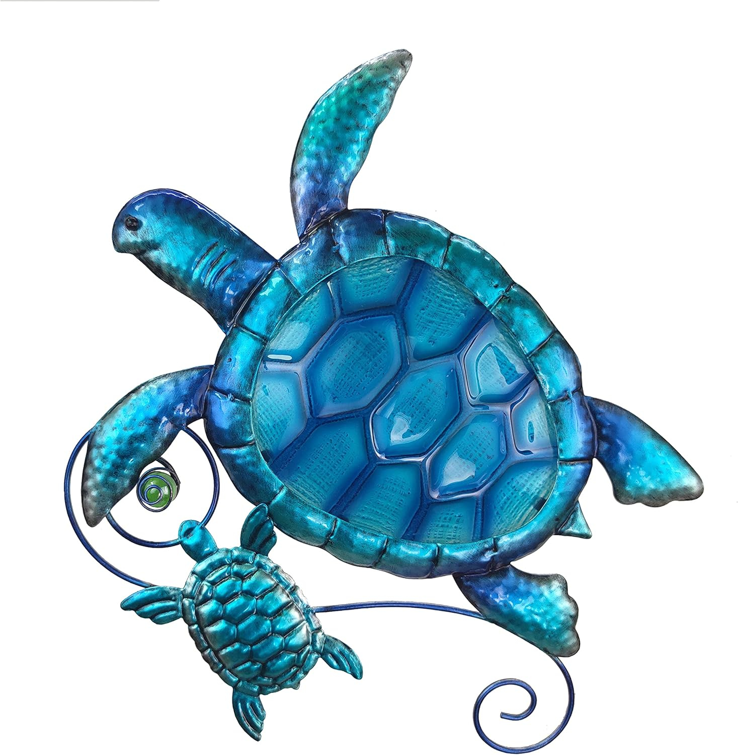 JOYBee Metal Sea Turtle Wall Art Decor Outdoor Indoor Nautical Hanging Art Blue Green Stained Glass Decorative Sculpture for Garden Pool Patio Balcony Kitchen or Bathroom(12.5 * 11inch)