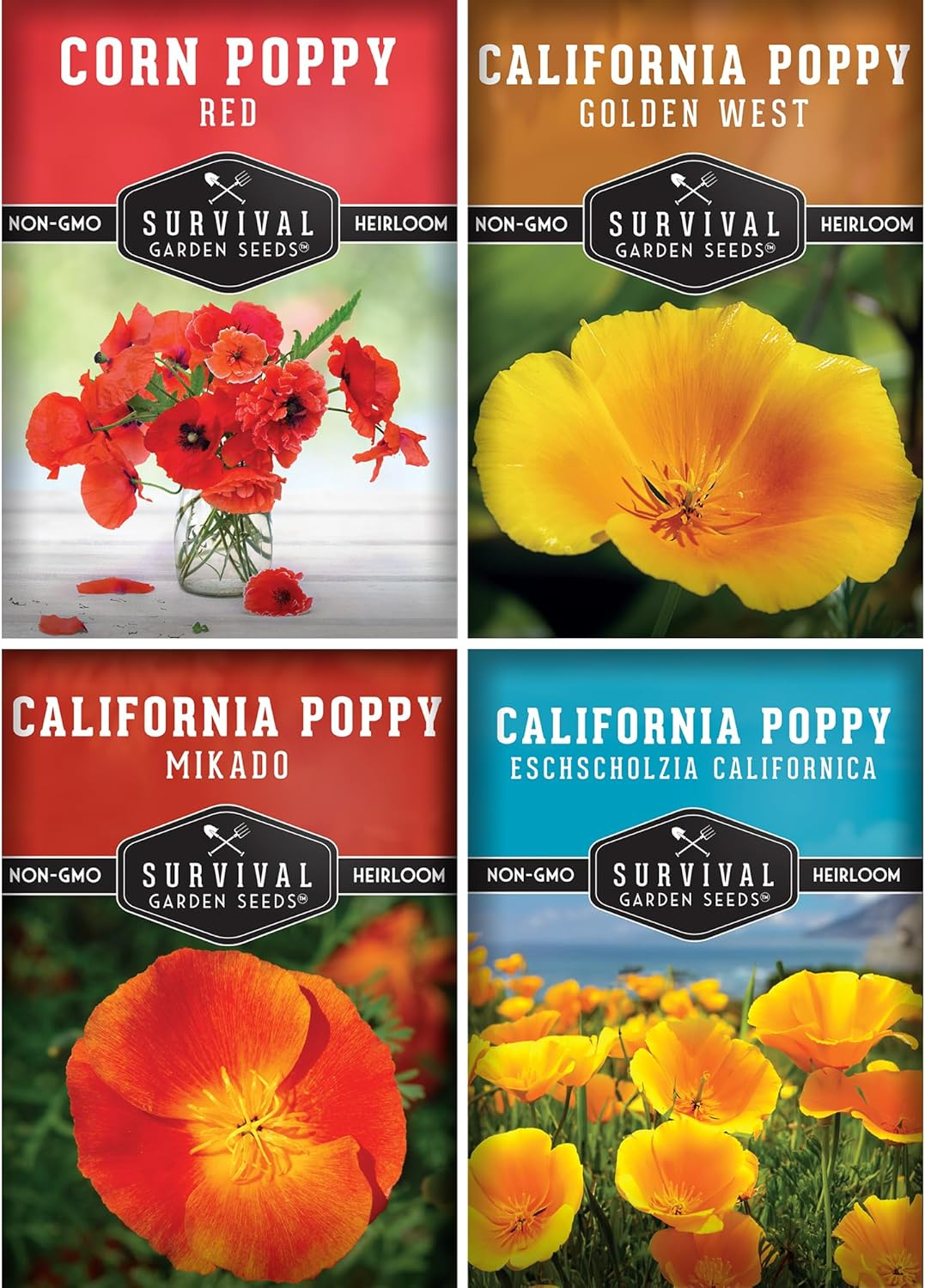 4 Packs Poppy Flower Seed - California, Golden West, Mikado, Red Corn - Full Sun Annual