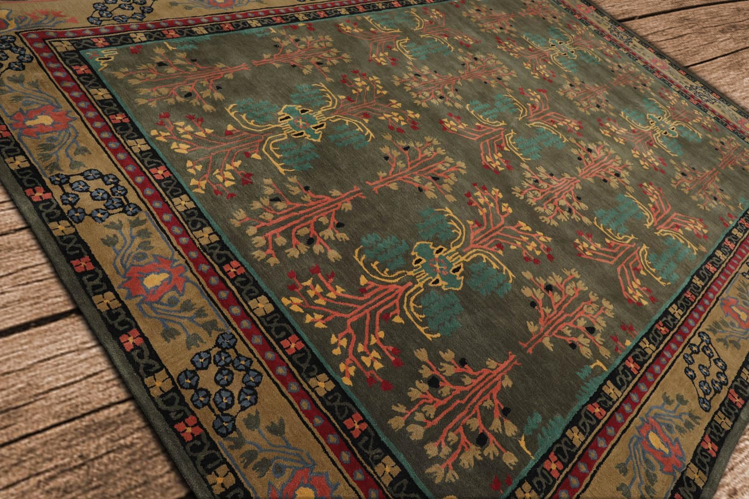 Handmade Gray and Green Wool Oriental 9' x 12' Area Rug