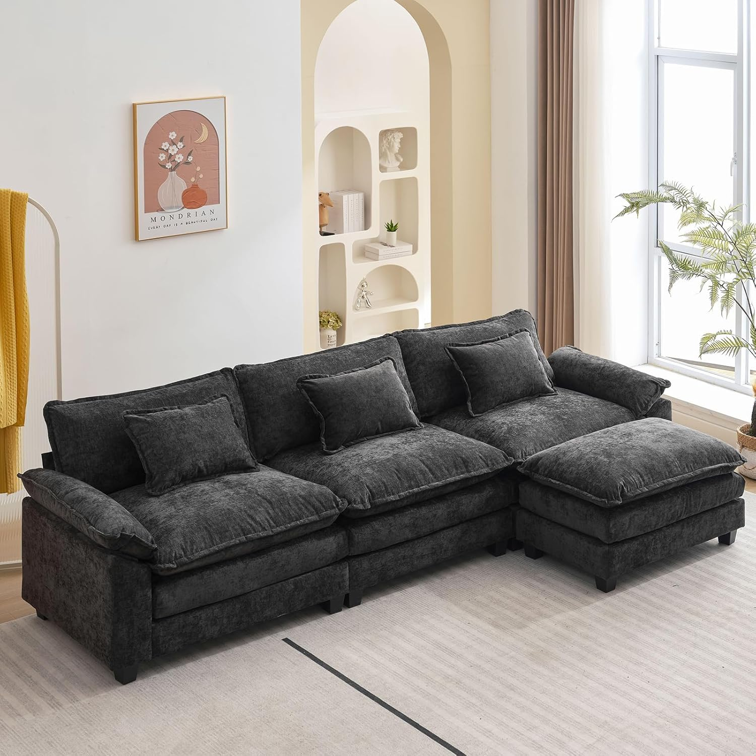 L Shape Sofa Comfy Sectional Cloud Couch for Living Room with Pillows, Modern Chenille Sofa Sleeper Deep Couches with Ottoman (Black, 4-Seat)