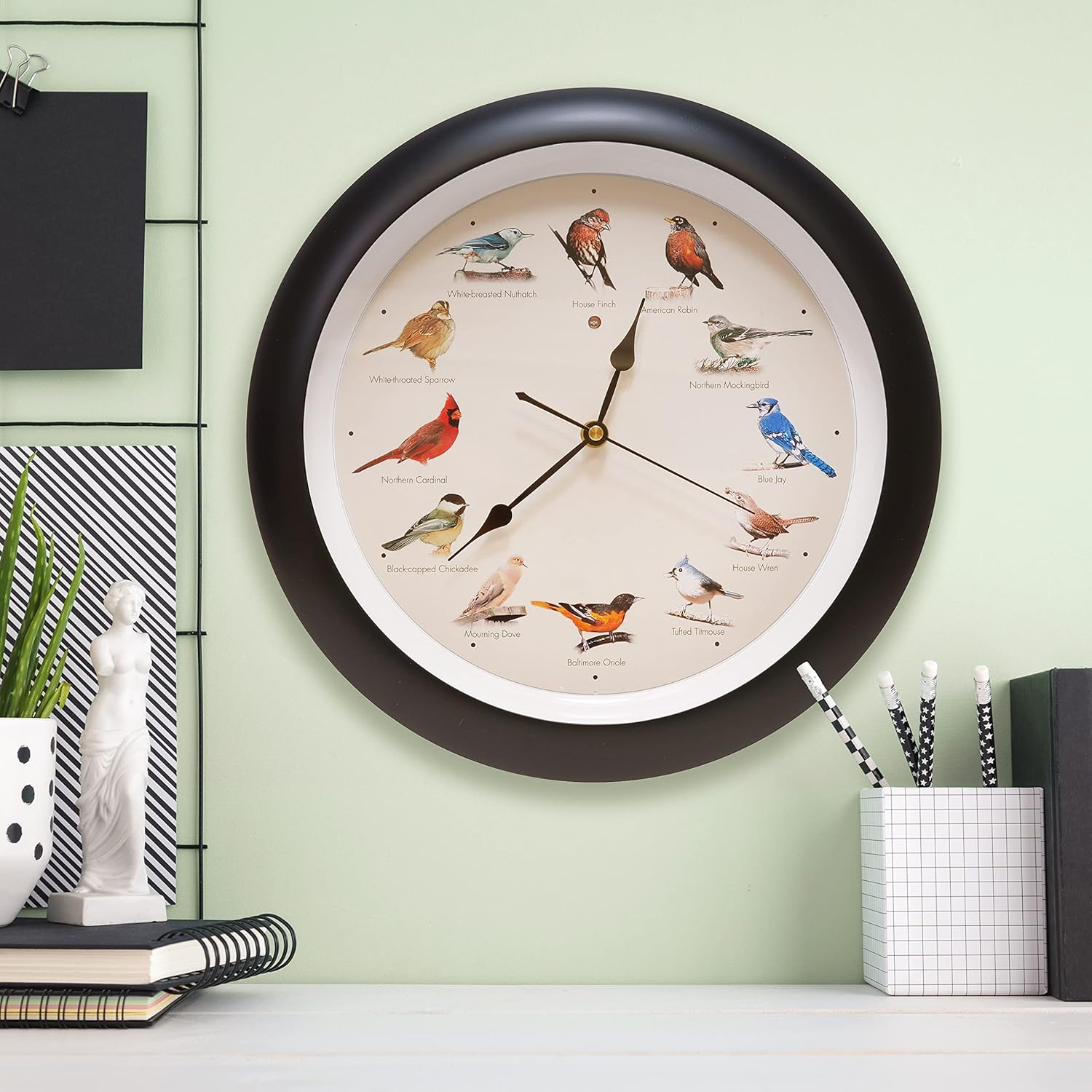 Mark Feldstein and Associates Original Singing Bird Wall Clock, 13 Inch (Black)