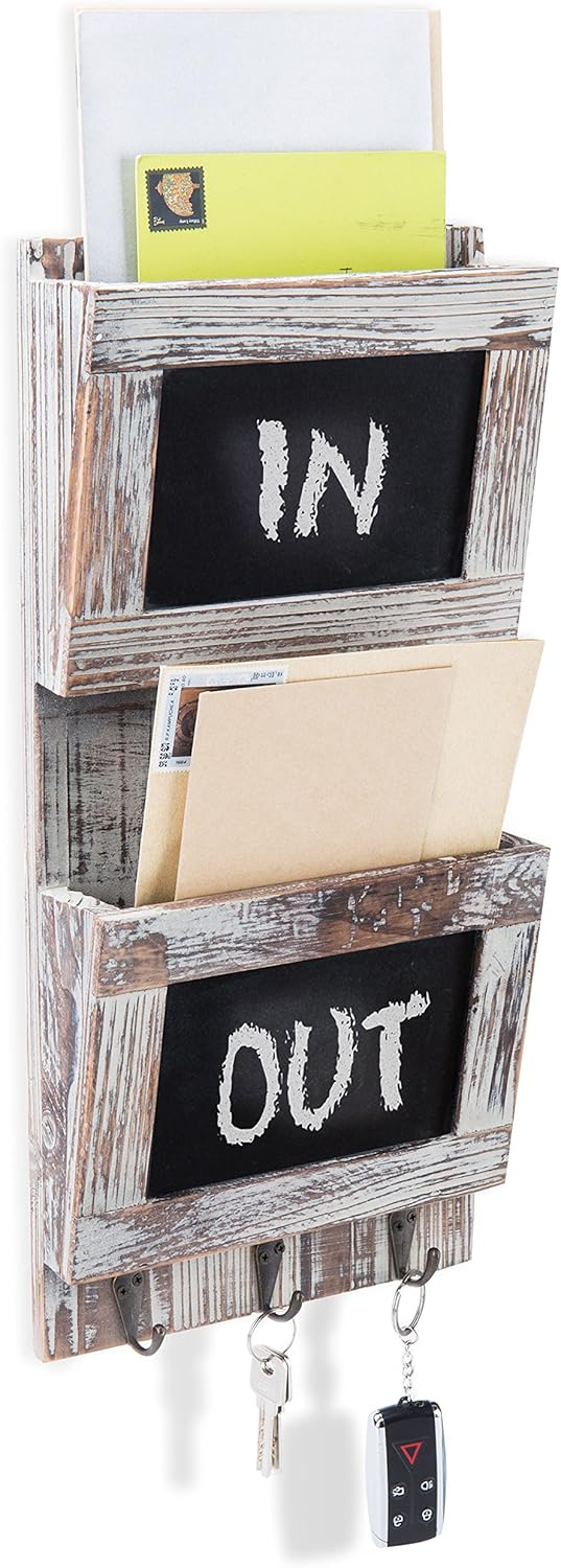 MyGift Rustic Wood Wall-Mounted 2-Slot Mail Sorter Organizer with Chalkboard Surface and 3 Key Hook Rack