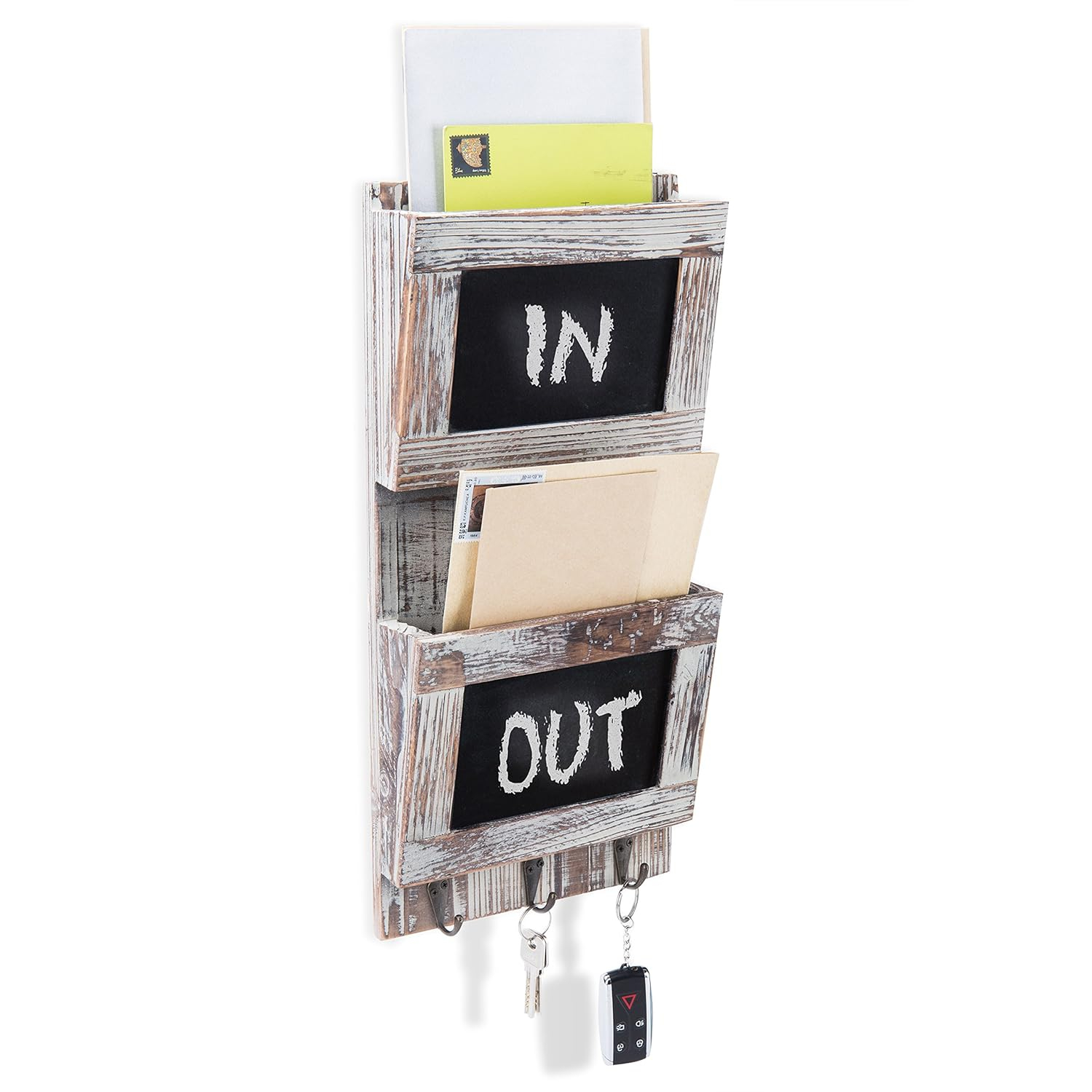 MyGift Rustic Wood Wall-Mounted 2-Slot Mail Sorter Organizer with Chalkboard Surface and 3 Key Hook Rack
