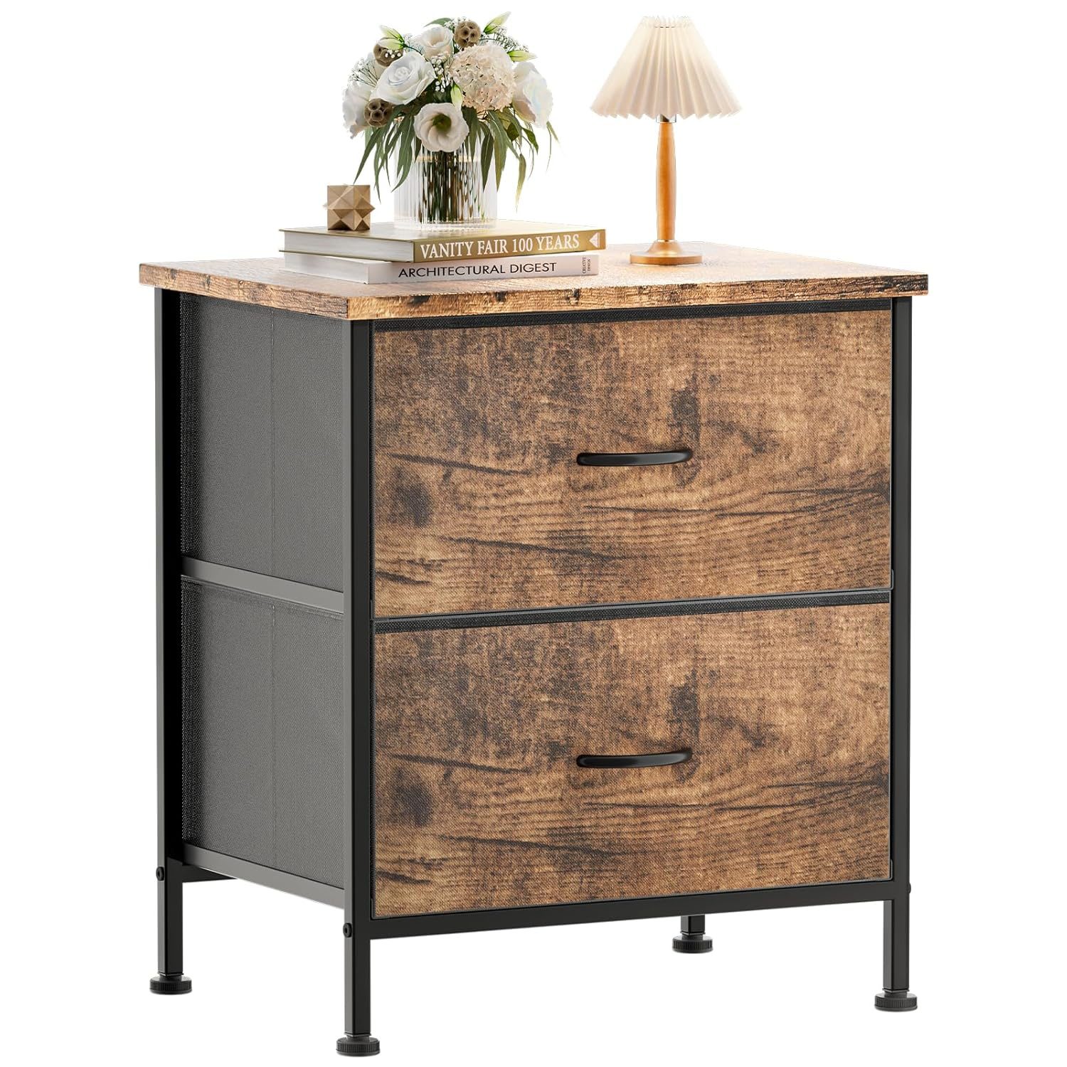 Nightstand with 2 Drawers, Night Stand Dresser for Bedroom, Small Dresser with Fabric Bins, Leather Finish, Modern Bedside Table End Side Table for Living Room, Dorm, Closet, Nursery, Brown