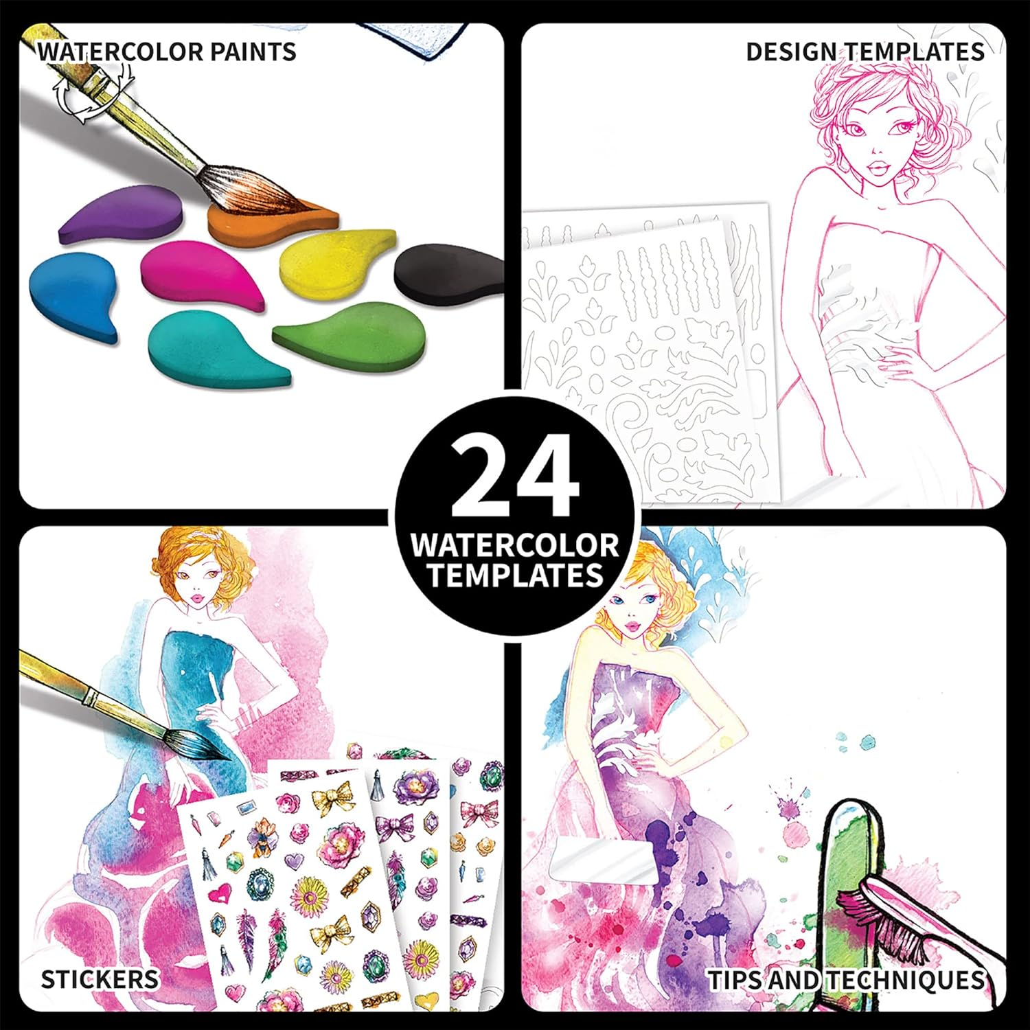 Style Me Up: Fashionista, Watercolor Painting Kit, Includes 24 Templates, Detailed Booklet Teaches Kids Basics of Watercolor Painting, For Ages 8 and up