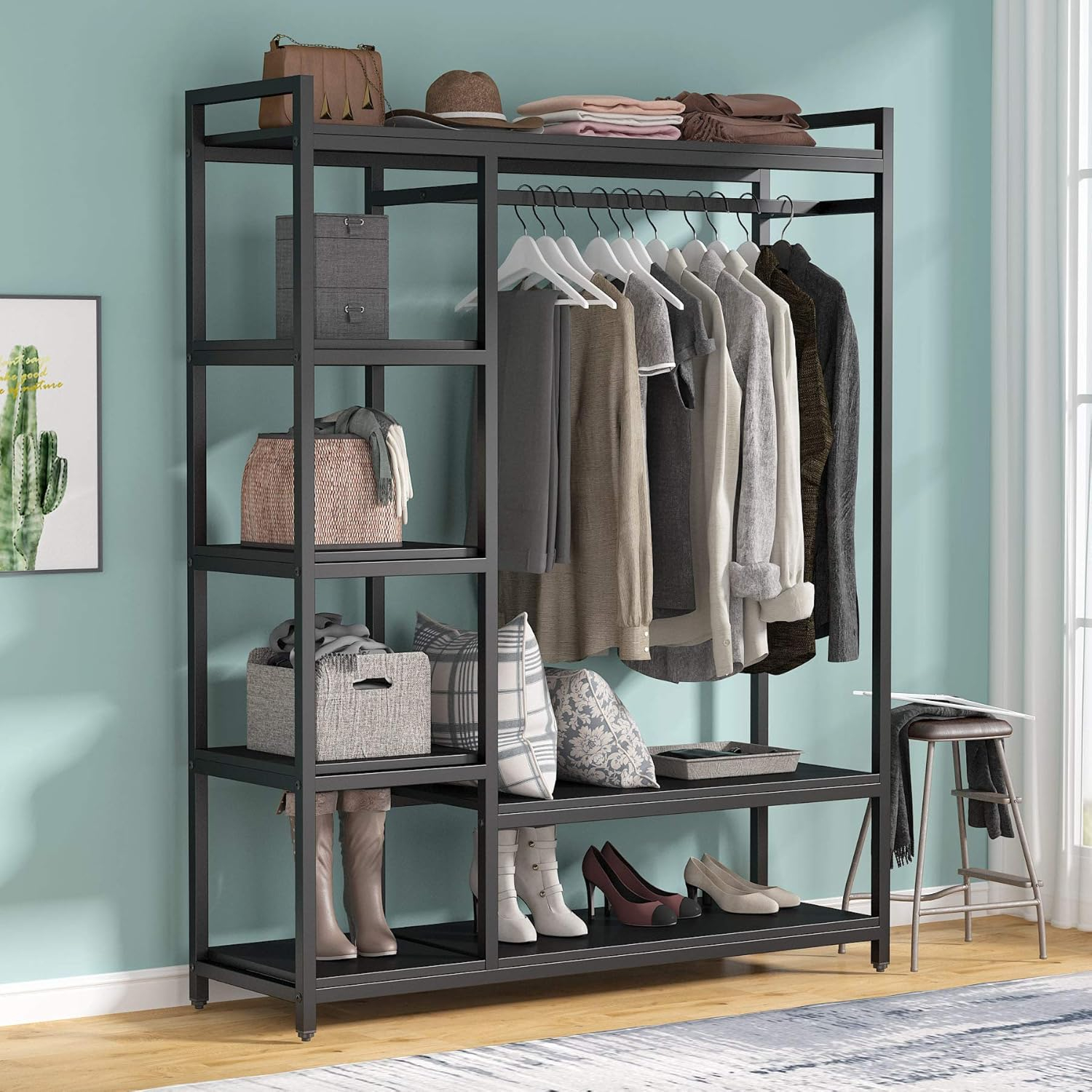 Tribesigns Free-standing Closet Organizer Garment Rack with 6 Storage Shelves and Hanging Bar