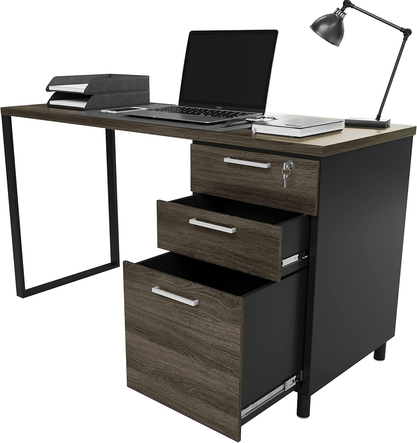 Modern Designs by Crafts and Comfort Milano Modern Home & Office Computer Desk - 47 Inch with 3 Locking Drawers - Wooden Study Writing Desk with Storage Space - Grey/Black
