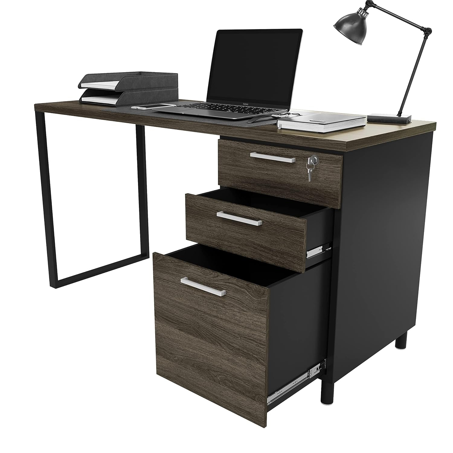 Modern Designs by Crafts and Comfort Milano Modern Home & Office Computer Desk - 47 Inch with 3 Locking Drawers - Wooden Study Writing Desk with Storage Space - Grey/Black