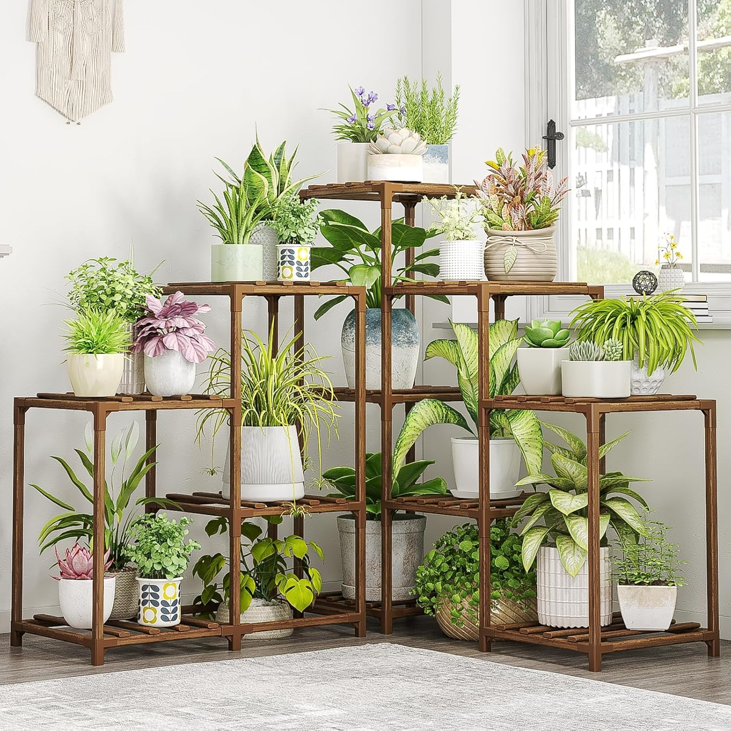 Bamworld Plant Stand Indoor Outdoor Tall 5-Tier Corner Plant Shelf 13 Potted Flower Shelves Wooden Plant Stands Garden Wood Plant Holder Rack for Living Room Balcony Patio Decor Gifts for Women Mom