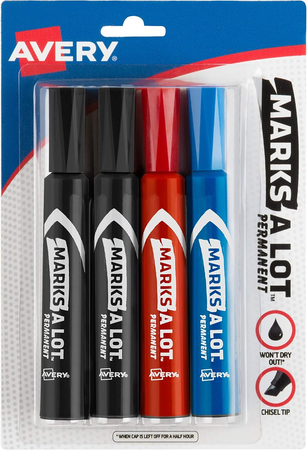 Avery Marks A Lot Permanent Markers, Regular Desk-Style, Asstd, 4/PK Regular Marker Point - Chisel Marker Point Style - Black, Blue, Red - Black, Blue, Red Barrel - 4 / Pack
