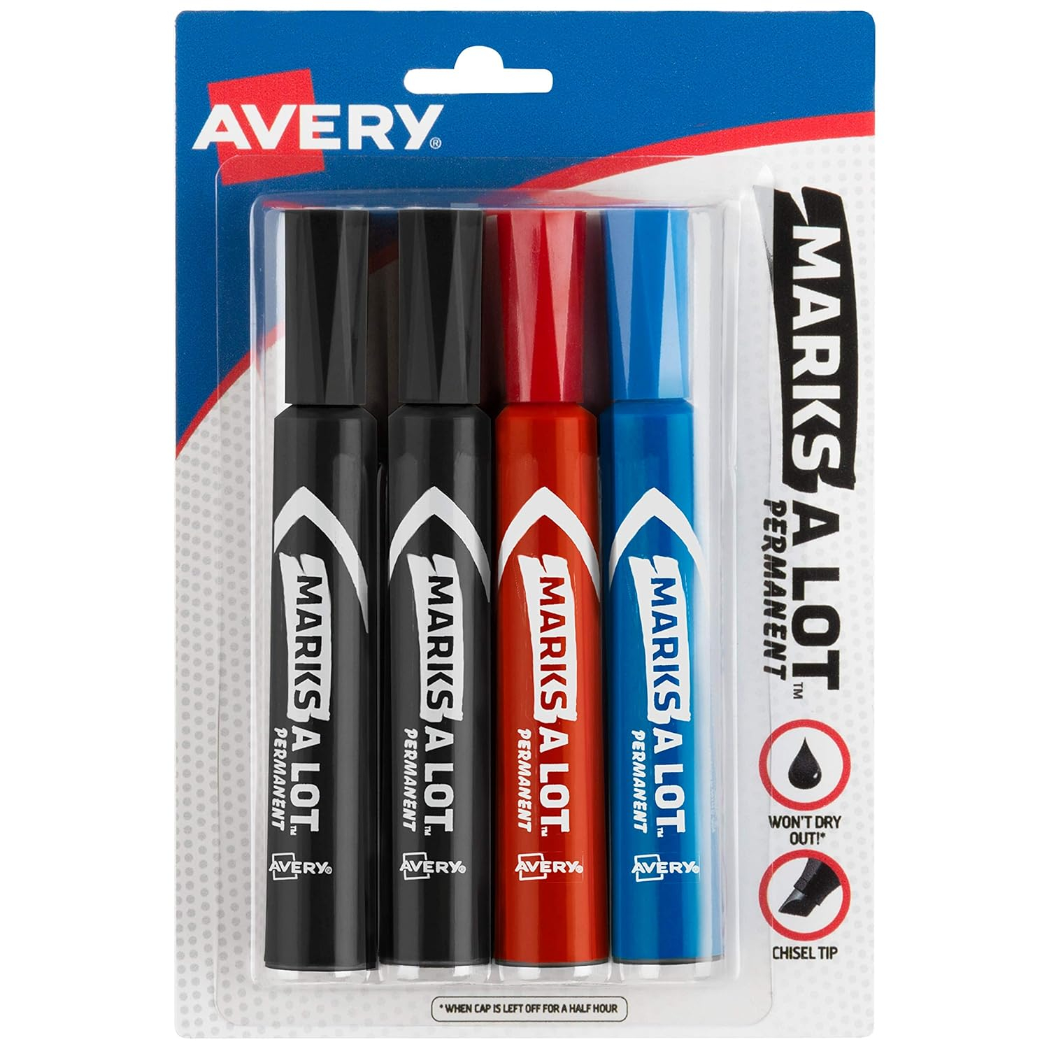 Avery Marks A Lot Permanent Markers, Regular Desk-Style, Asstd, 4/PK Regular Marker Point - Chisel Marker Point Style - Black, Blue, Red - Black, Blue, Red Barrel - 4 / Pack