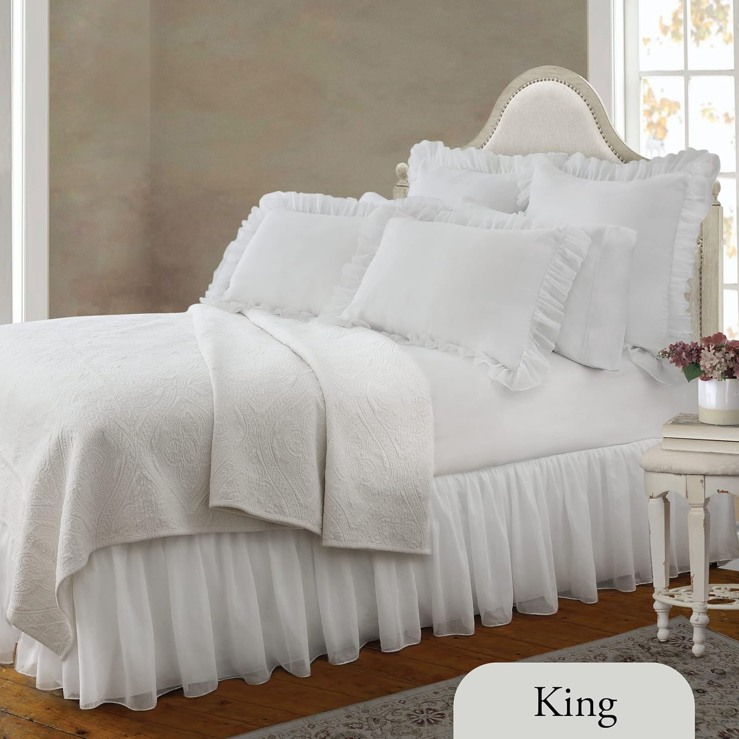 Belles & Whistles Double Voile Ruffled Bed Skirt Dust Ruffle, Cotton Layered, 15" Drop Length, King, White