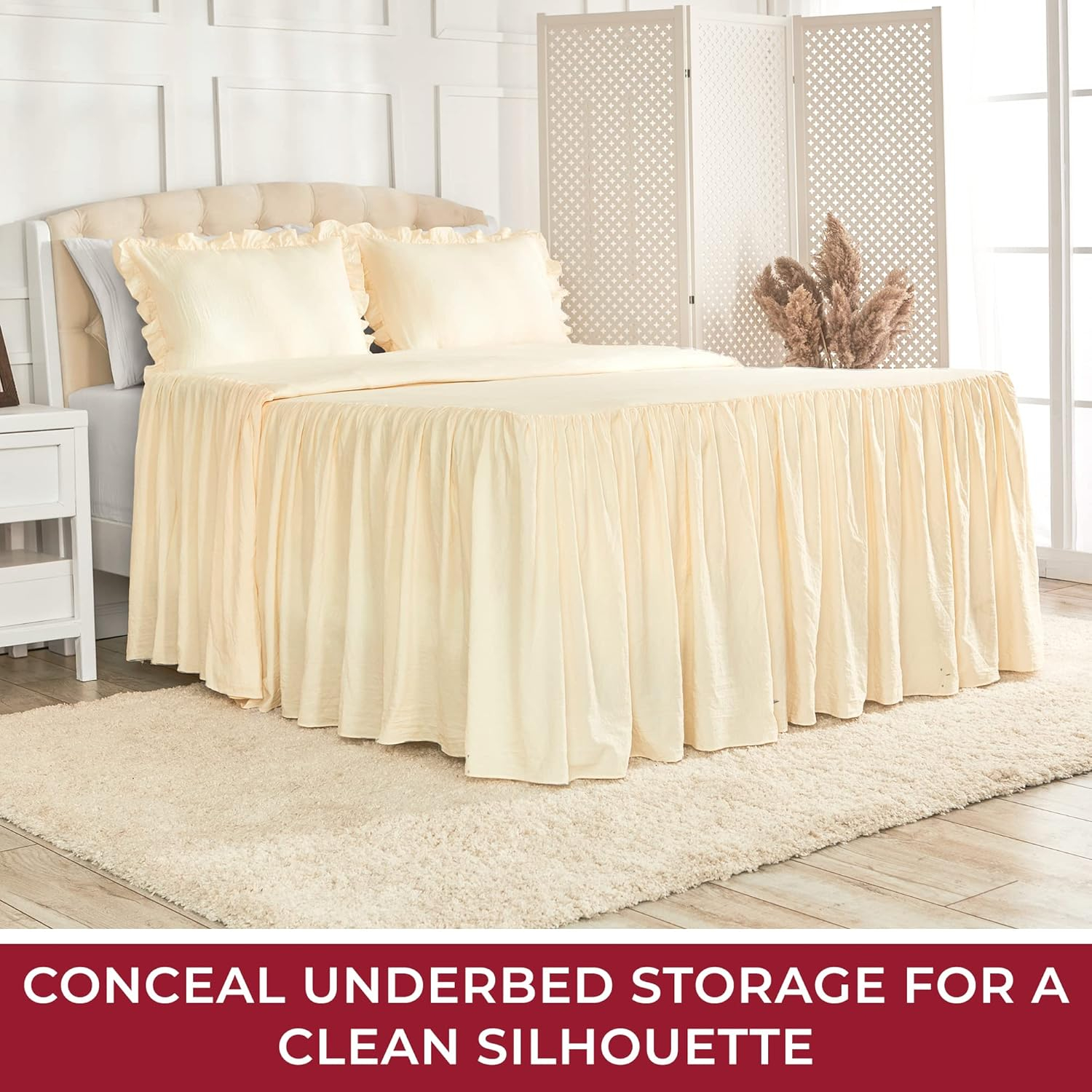 Mellanni Single-Tier Bedspread Set, Country Chic Bedding Set, 30" Drop Skirted Bedspread and 2 Shams, 3-Piece, Queen, Ivory