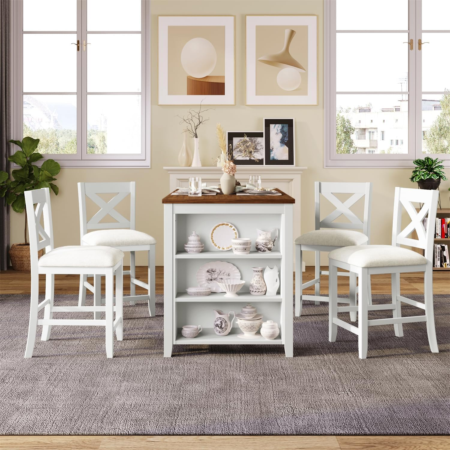 5 Pieces Counter Height Wooden Bar Table Set with 3-Tier Shelf and 4 Chairs, Rustic Farmhouse Dining Table Set for 4, White