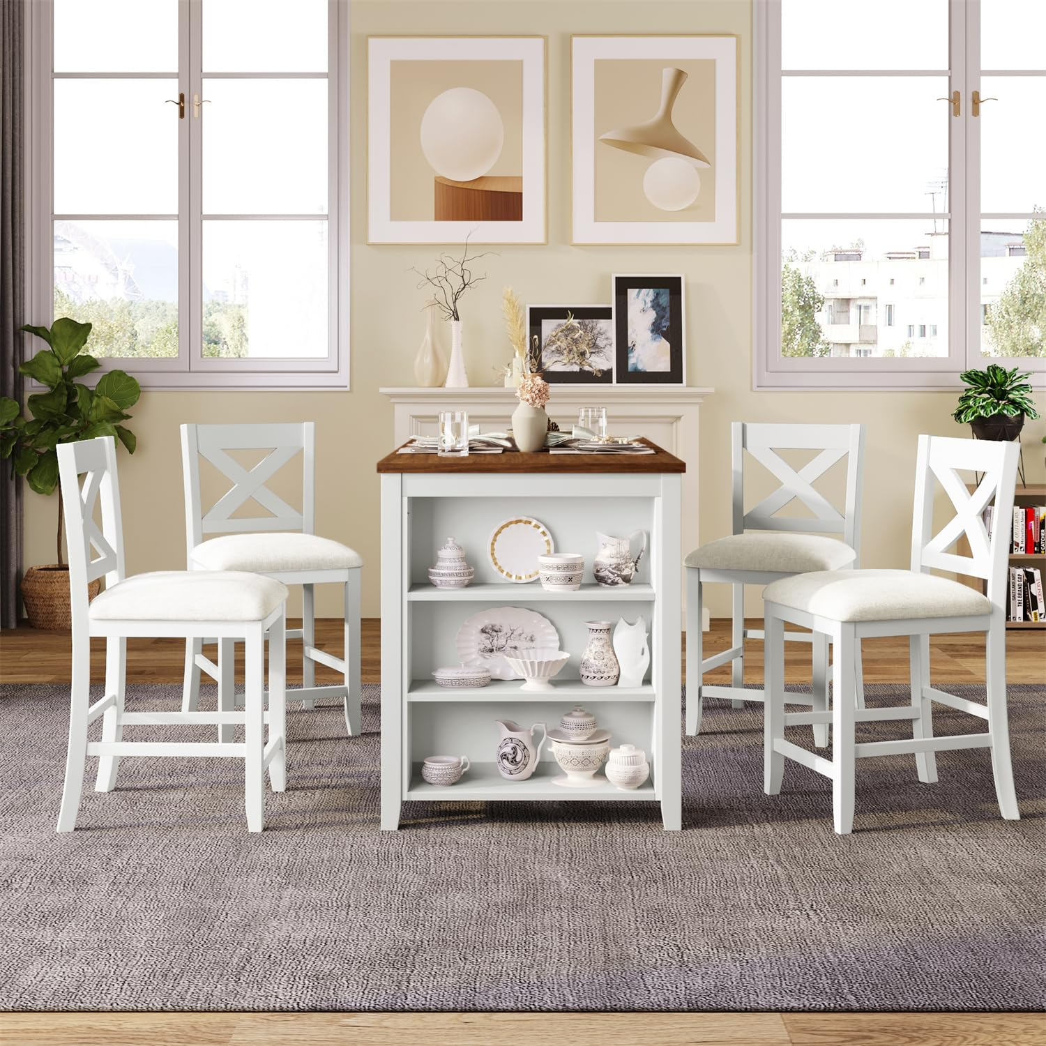 5 Pieces Counter Height Wooden Bar Table Set with 3-Tier Shelf and 4 Chairs, Rustic Farmhouse Dining Table Set for 4, White