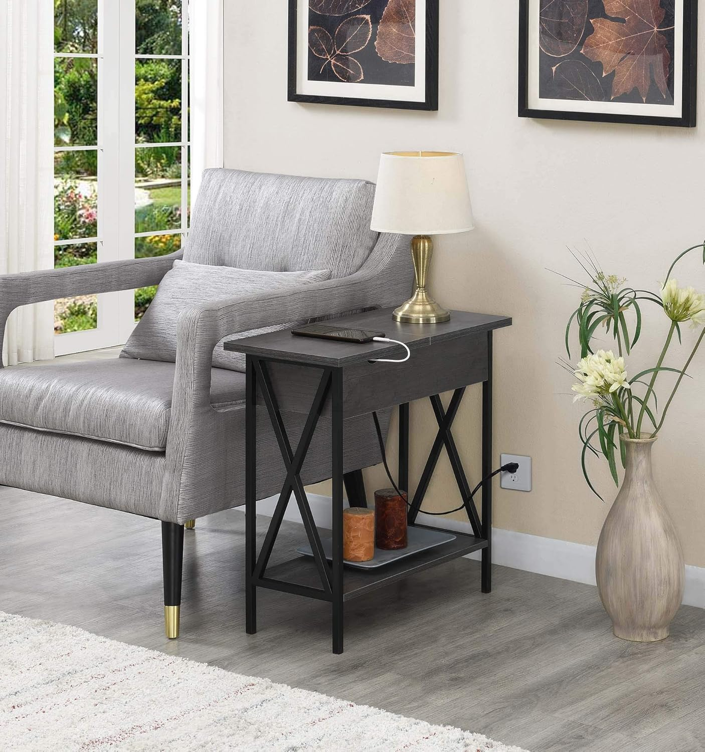 Convenience Concepts Tucson Flip Top End Table with Charging Station and Shelf, Charcoal Gray/Black