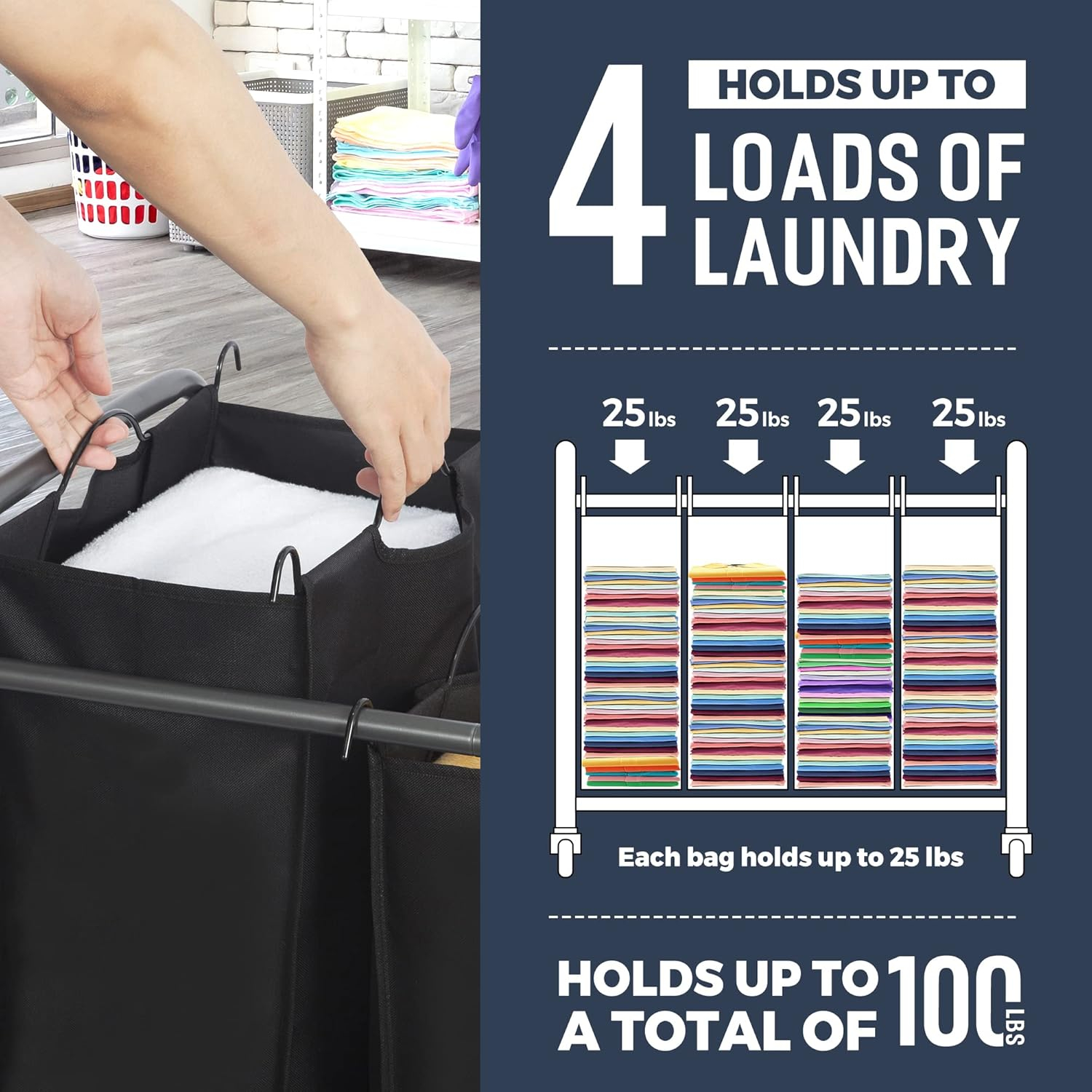 STO STO Laundry Sorter 4 Section, 4 Bag Laundry Hamper, Rolling Laundry Cart, Laundry Basket with Heavy Duty Lockable Wheels and Removable Bag for Clothes Storage, Black