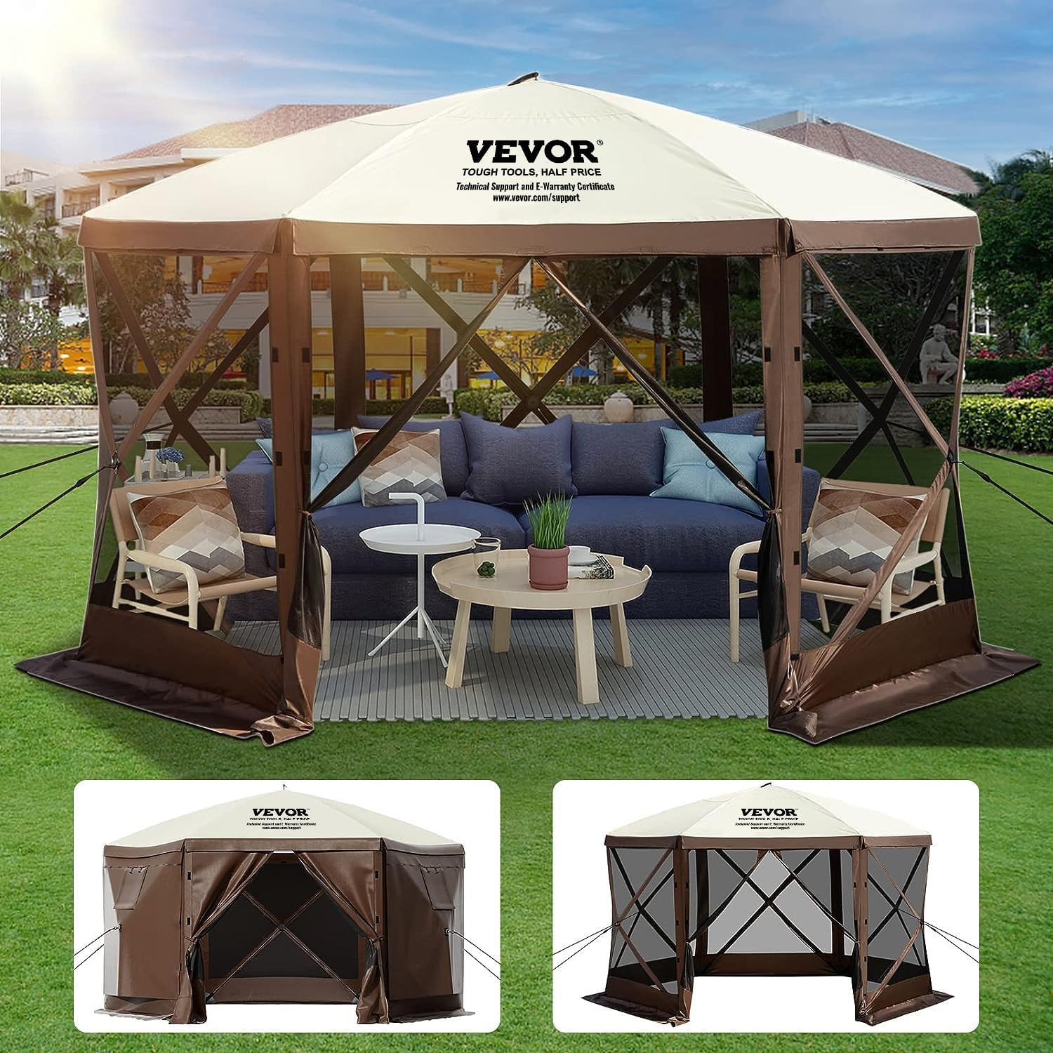 Hexagonal Brown and Beige Alloy Steel Pop-Up Gazebo Tent