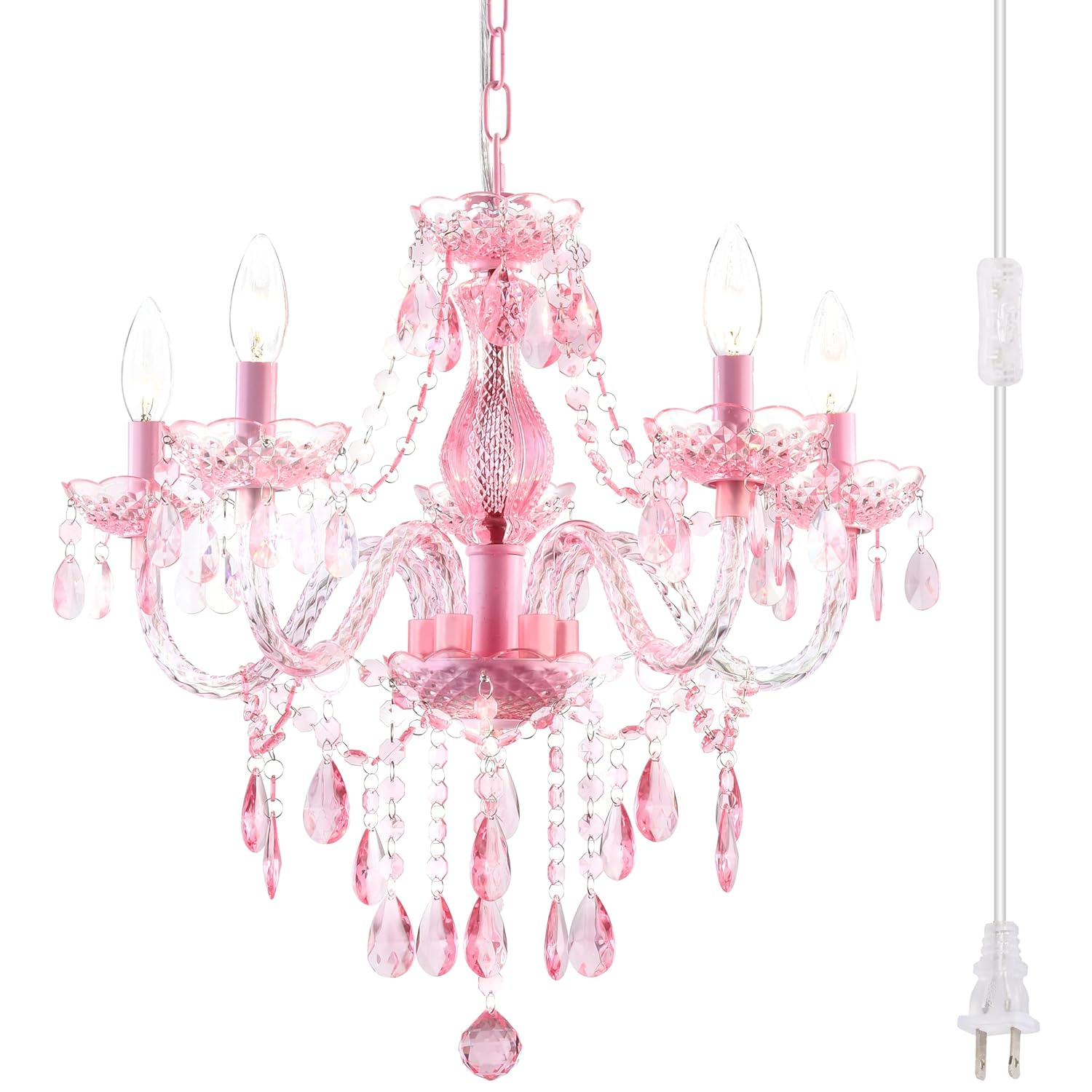 Plug-in 5 Lights Pink Crystal Hanging Pendant Light Acrylic Chandelier with Clear Cord & On/Off Switch H19 D19.7 for Kitchen Island Girls' Room Dining Area Laundry Pavilion.