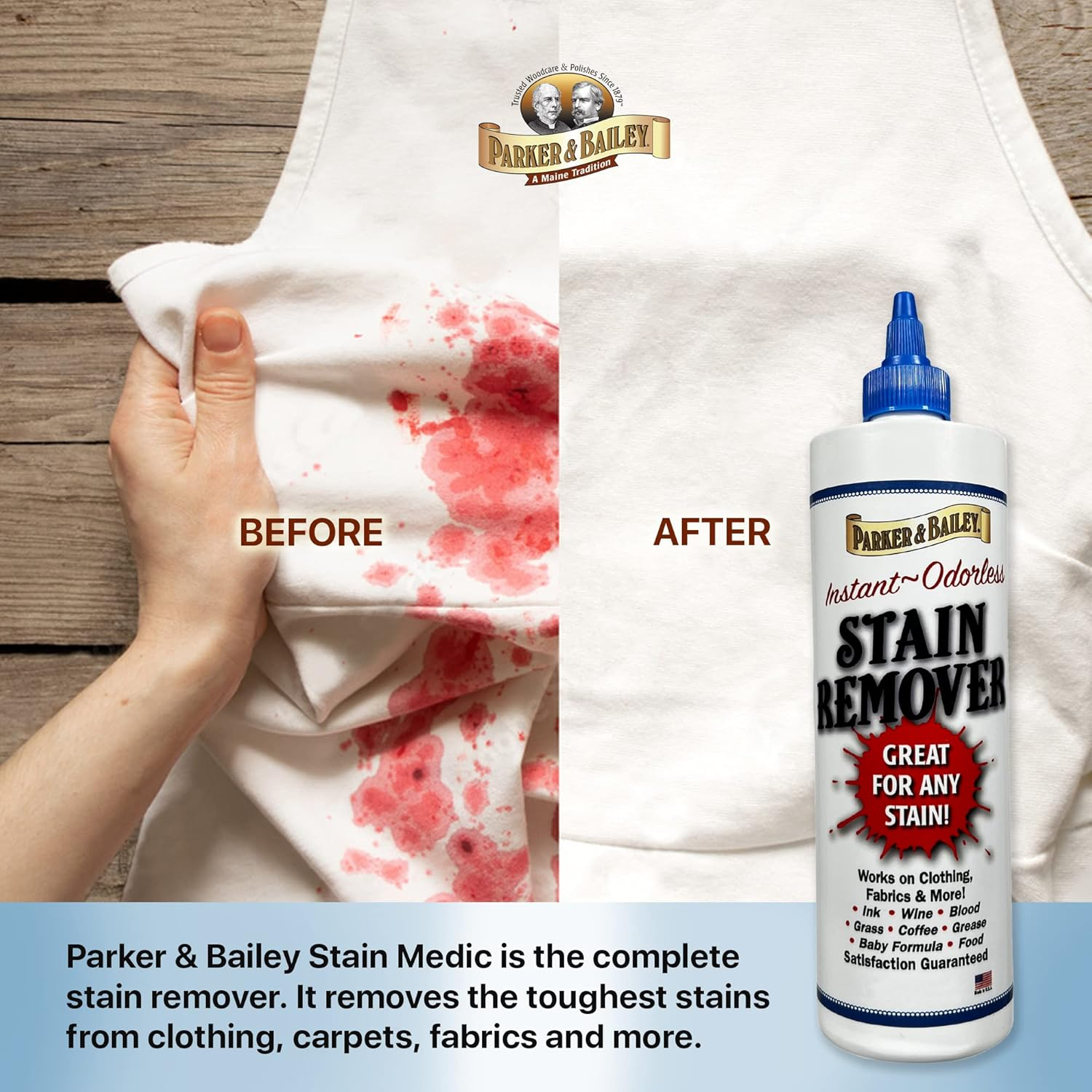 Parker & Bailey Liquid Stain Remover - Instant Stain Removal on Laundry Clothing Fabric Ink Grease Blood Grass Coffee Wine Food Carpet Upholstery Spot Cleaner Odor Free Detergent Booster, 8oz