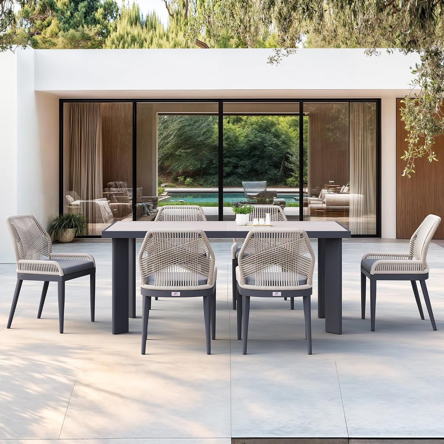 PURPLE LEAF 7 Pieces Patio Dining Set Aluminum Rectangular Table and Wicker Chairs with Cushions for Kitchen Porch Garden Modern Outdoor Furniture Sets, Beige and Dark Grey