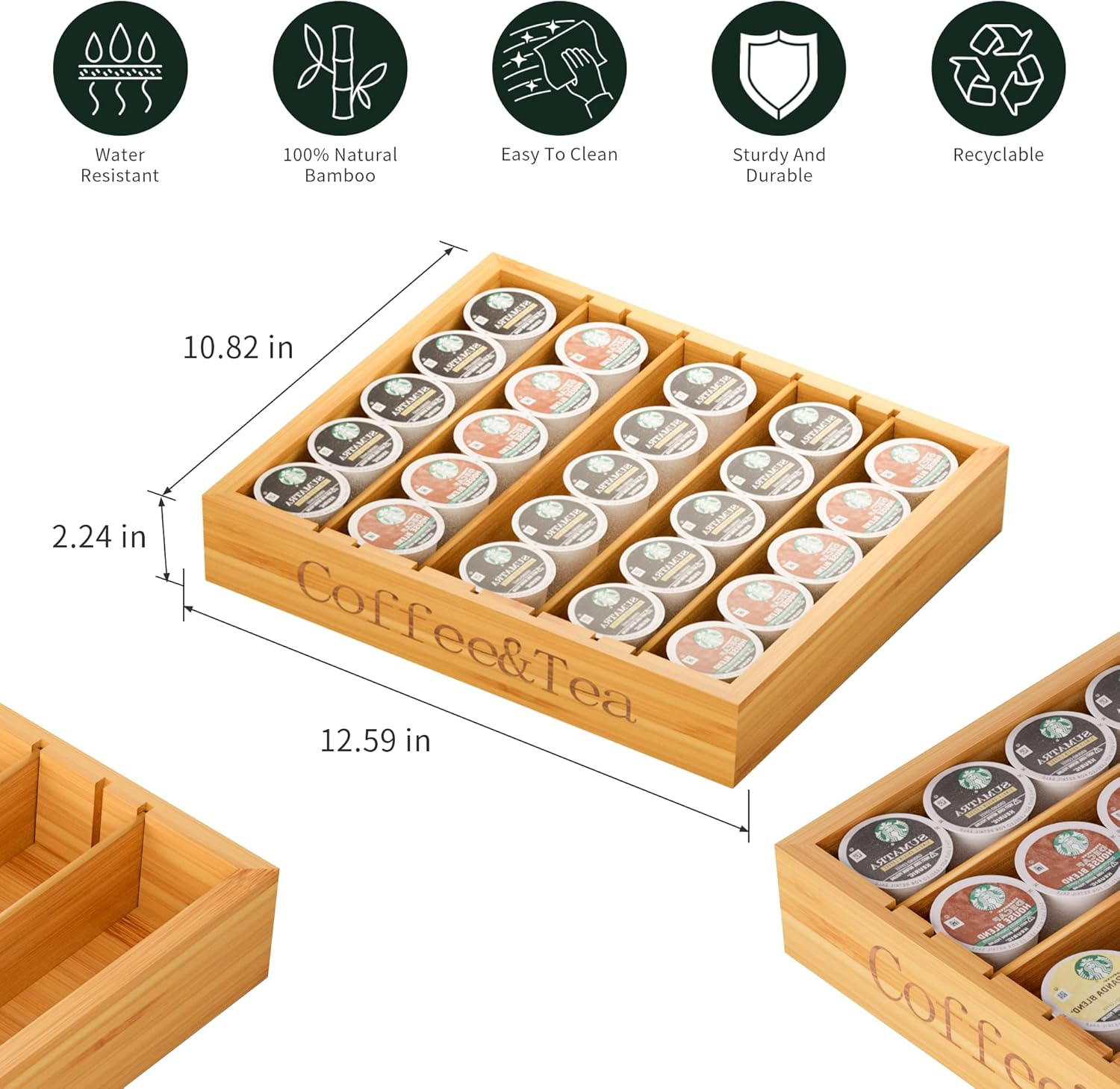 MinBoo Bamboo K Cup Holder for Drawer or Countertop Coffee Pod Holder 25-36 K Cup Pod Storage Tea bag organizer K Cup Storage for Coffee Station Home Office and Kitchen (Bamboo)