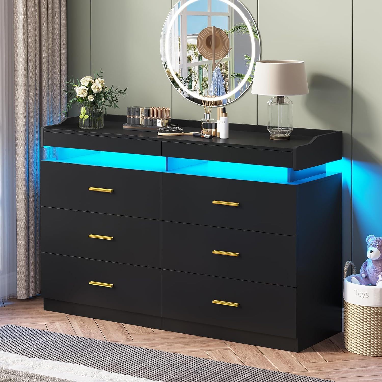 Modern LED Dresser for Bedroom, 6 Drawer Dresser with 2 Pull-Out Trays, Wide Dresser, White