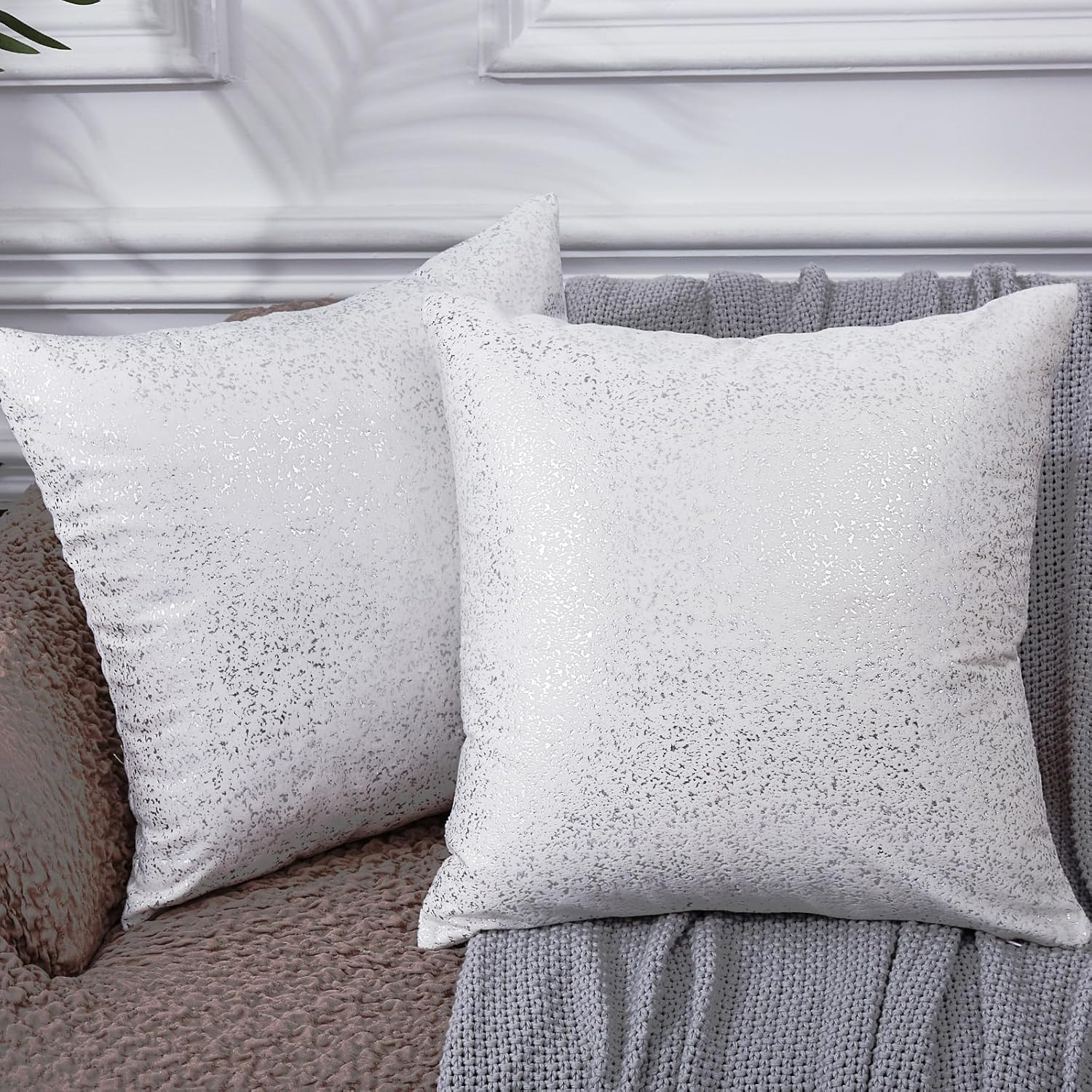 Silver Velvet Bliss Pillow Covers - Set of 2 White 18x18 Decorative Square Throw Pillows for Home Decor. Ideal for Bedroom, Living Room, Couch, Bed, and Sofa. Luxurious White and Silver Design.