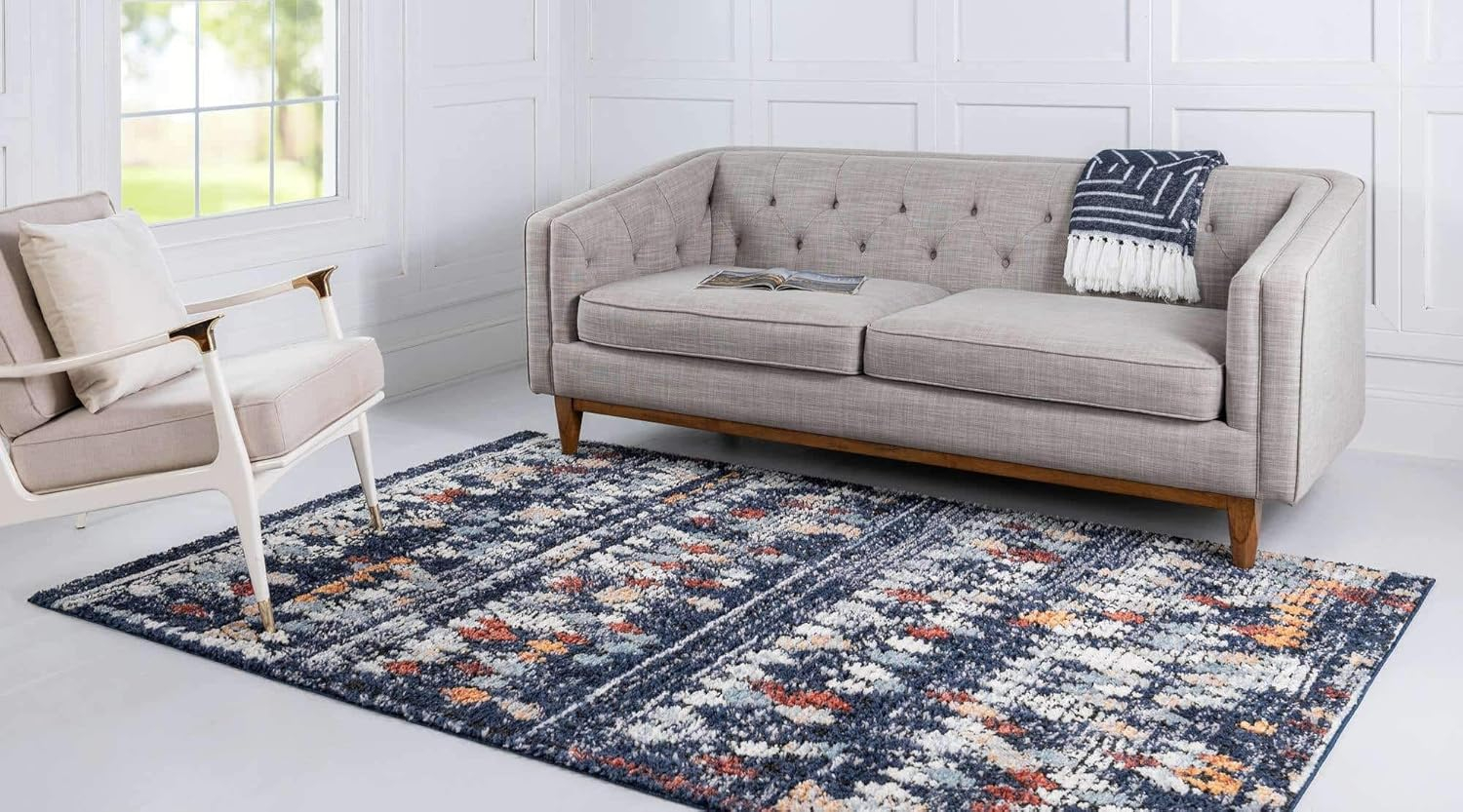 Unique Loom Morocco Collection Abstract Border, Diamond, Bohemian Area Rug, 4 ft x 6 ft, Navy Blue/Black