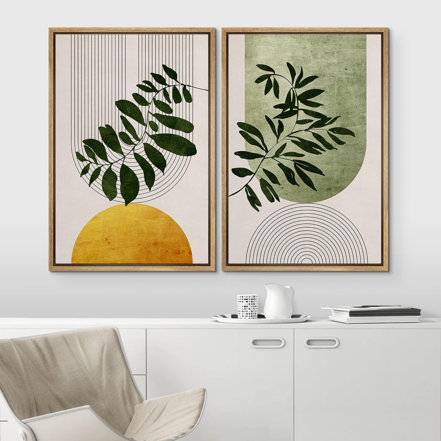 IDEA4WALL Framed Canvas Print Wall Art Set Mid-Century Geometric Plant Leaf Nature Wilderness Illustrations Modern Art Rustic Decorative for Living Room, Bedroom, OfficeL - 24"x36"x2 Black