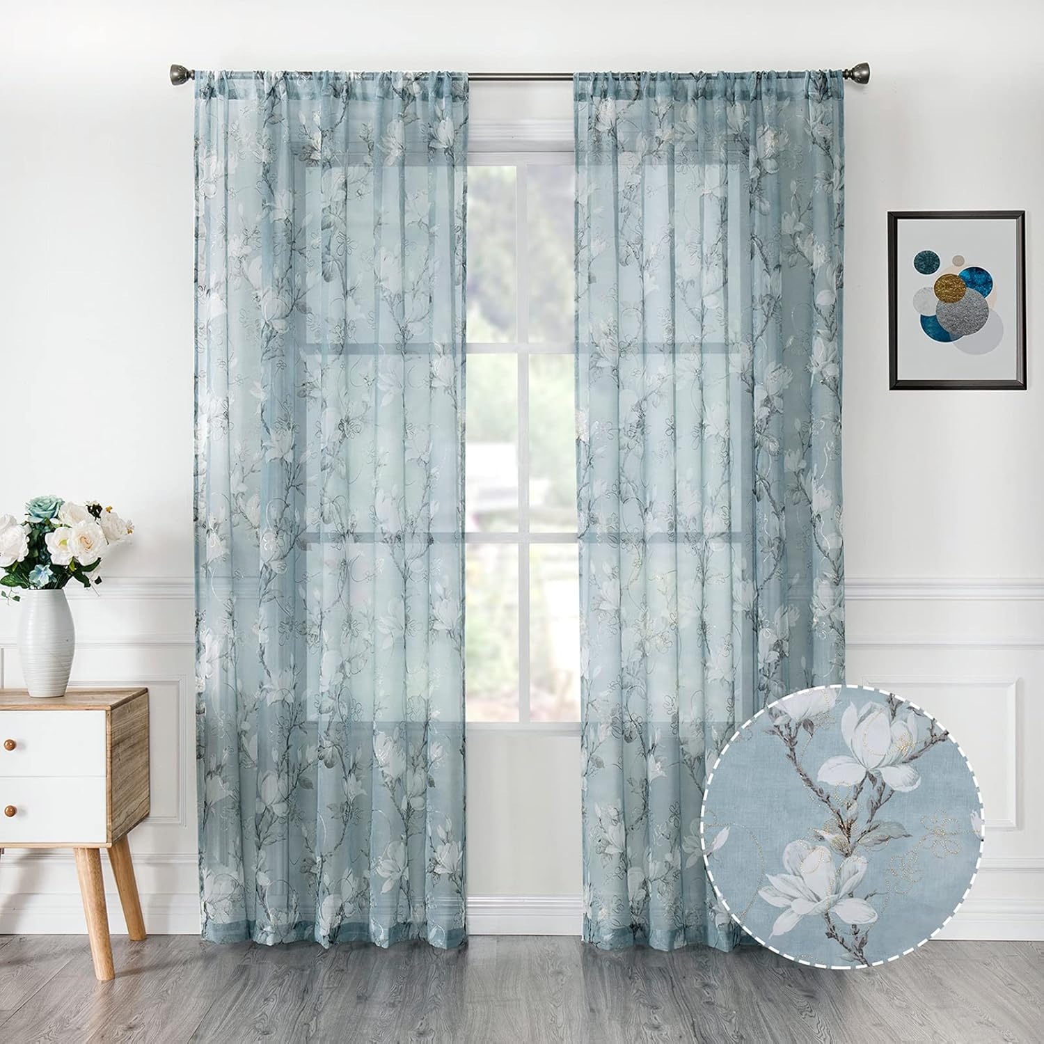 Tollpiz Floral Turquoise Sheer Curtain Flower Print Vine Embroidery Bedroom Curtains Rod Pocket Voile Window Curtain for Living Room, 54 x 95 inches Long, Set of 2 Panels