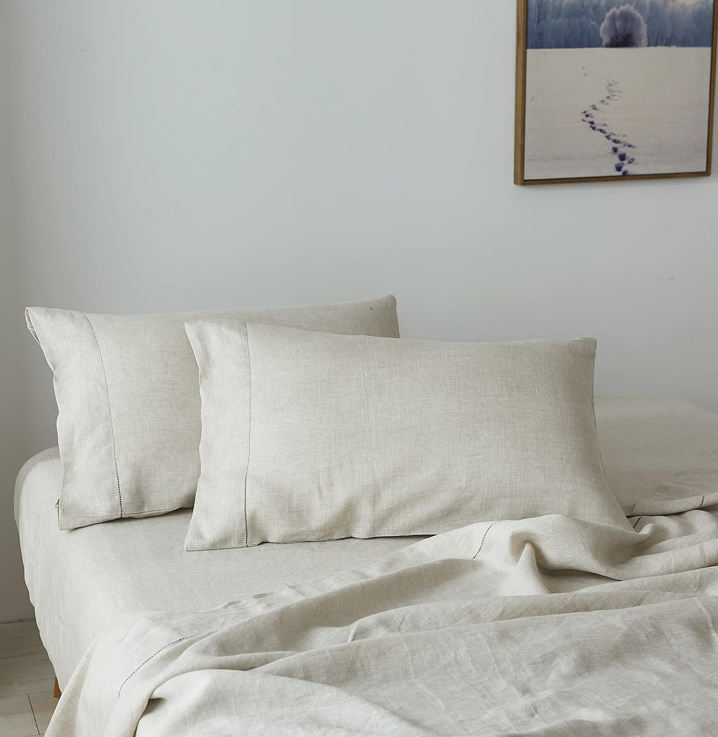 Simple&Opulence 100% French Linen Pillowcase Queen Size-Set of 2- Washed Solid Color Pillow Cases Embroidered -Soft and Durable (Linen, 20''x30'')