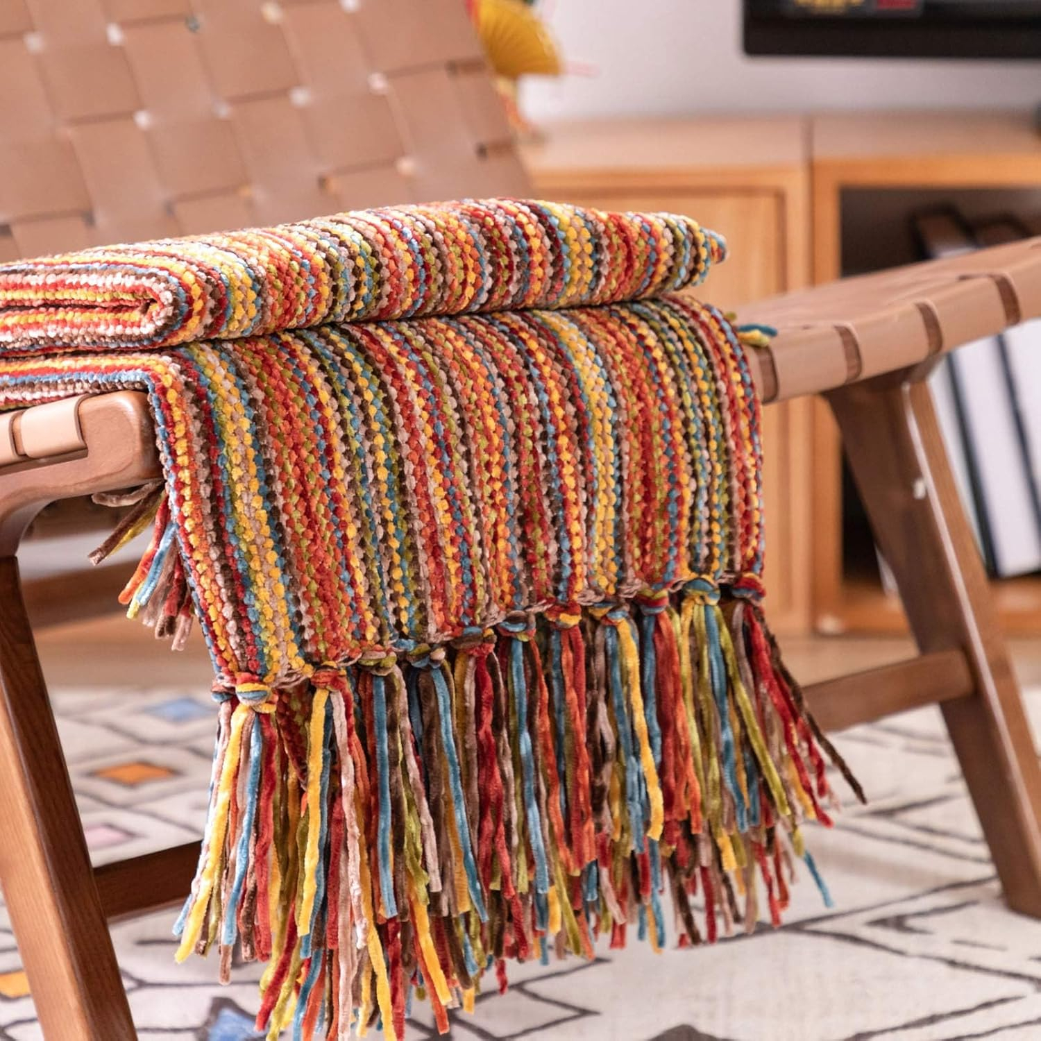 DECOMALL Decorative Throw Blanket with Fringe Soft Striped Multi Color Throws for Couch Sofa Armchair Bed 50”x 60” (Red Multi, 50”x 60”)