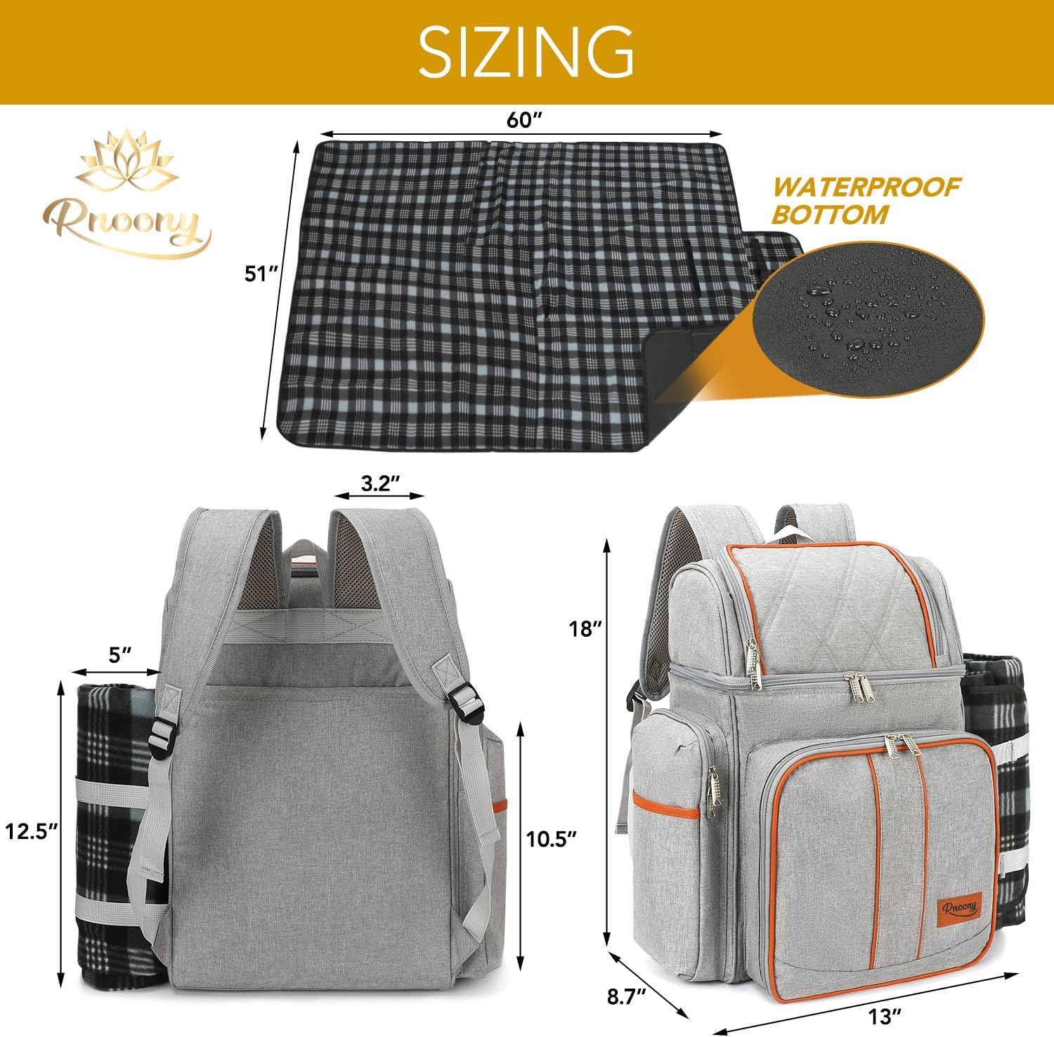 Gray Insulated Picnic Backpack with Blanket and Cutlery Set