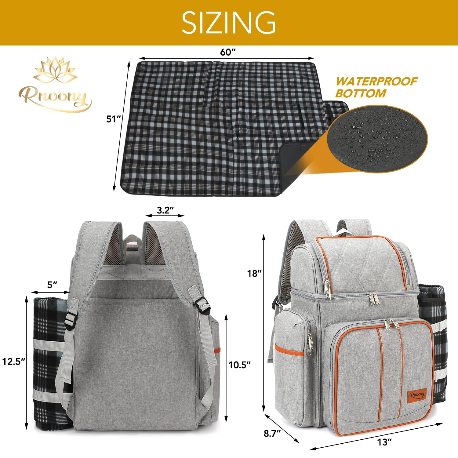 Gray Insulated Picnic Backpack with Blanket and Cutlery Set