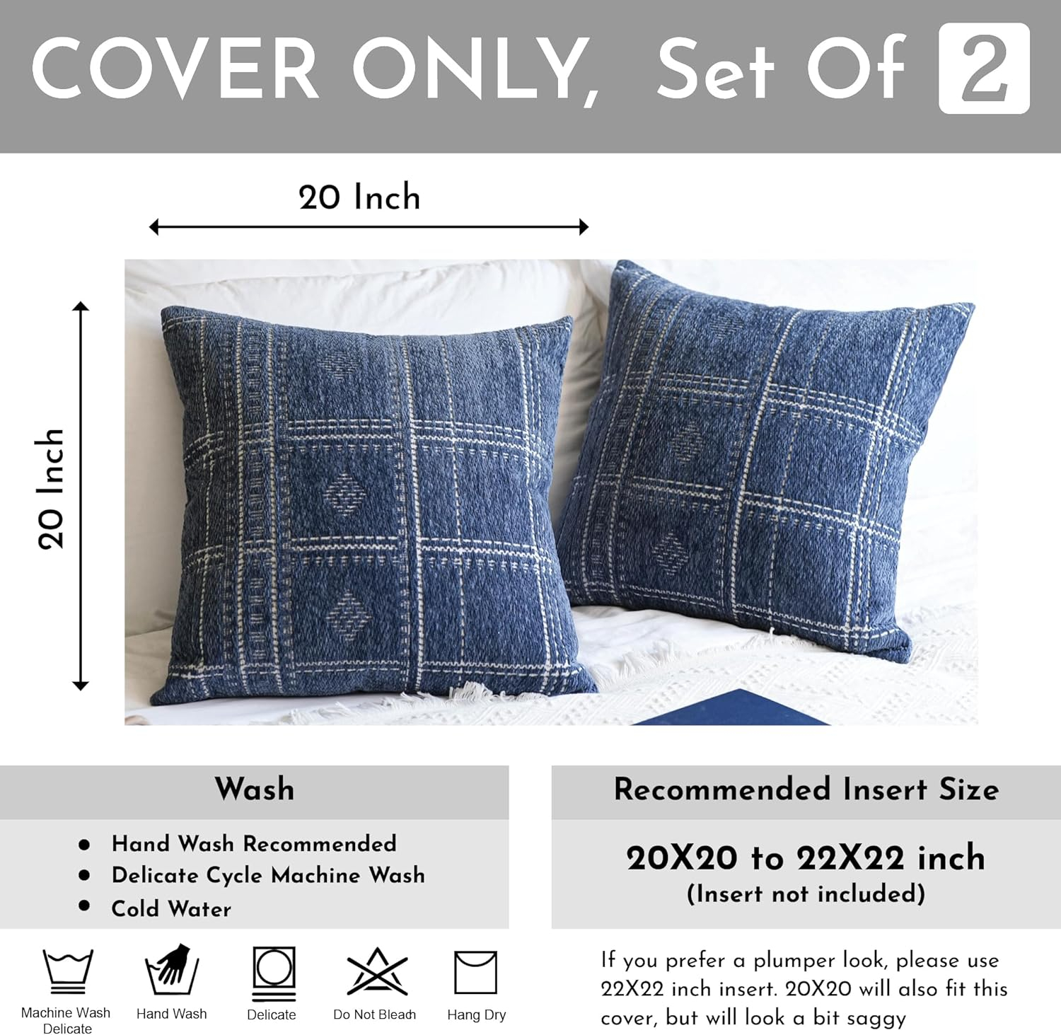 Decorative Throw Pillow Covers 20X20, Set of 2, Boho Farmhouse Cushion Cover, Cozy Soft Accent Pillowcase for Couch Sofa Bed Living Room Home Décor