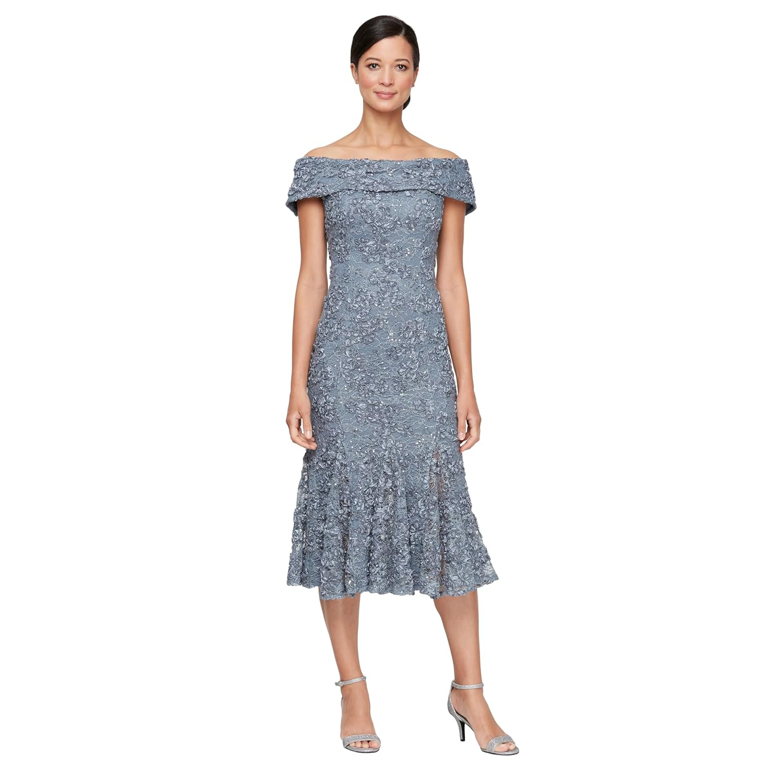 Pewter Lace Off the Shoulder Fit and Flare Midi Dress