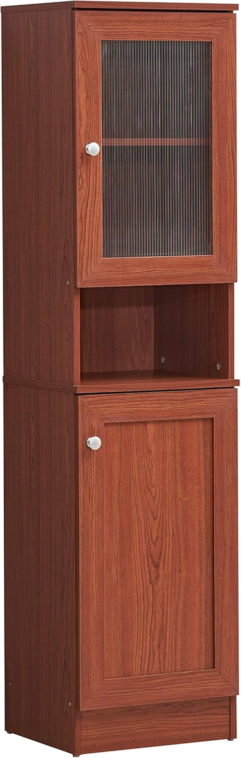 63" Tall Slim Open Shelf Plus Top and Bottom Enclosed Storage Kitchen Pantry in Black-Beech