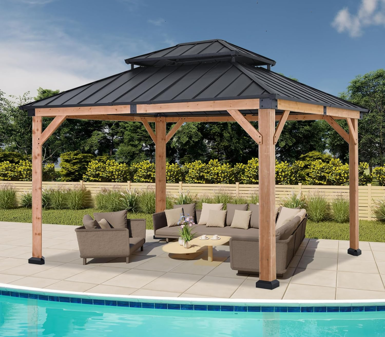 11 ft. x 13 ft. Wood Gazebo Matte Black Roof and Natural Wood Frame Gaezbos Black Double Steel Hardtop Roof