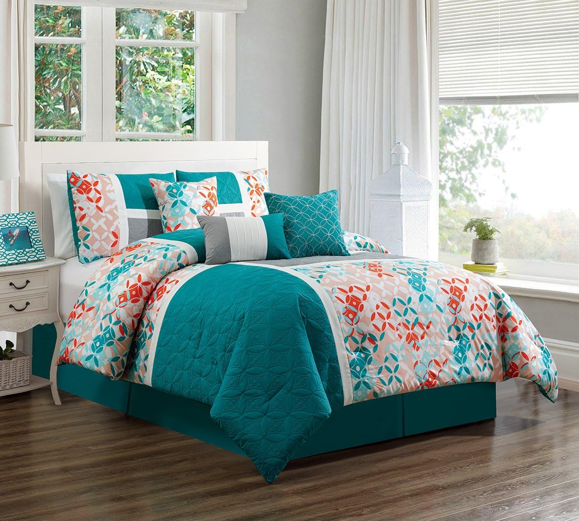 GrandLinen - 4 Piece Turquoise Blue/Orange/Grey Patchwork Microfiber Curtain Set 108 inch Wide X 84 inch Long (2 Window Panels, 2 Ties)