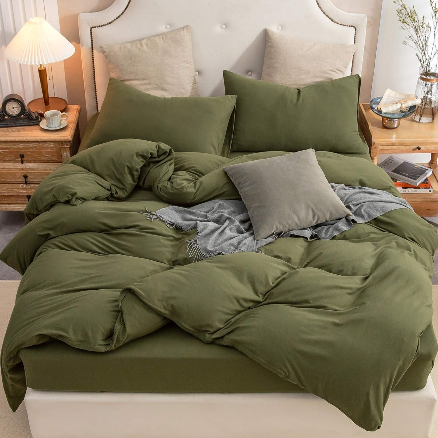 PURE ERA Jersey Knit Duvet Cover Set 100% T-Shirt Cotton Super Soft Comfy 2pc Bedding Set with Zipper Closure (Solid Olive Green, Twin)