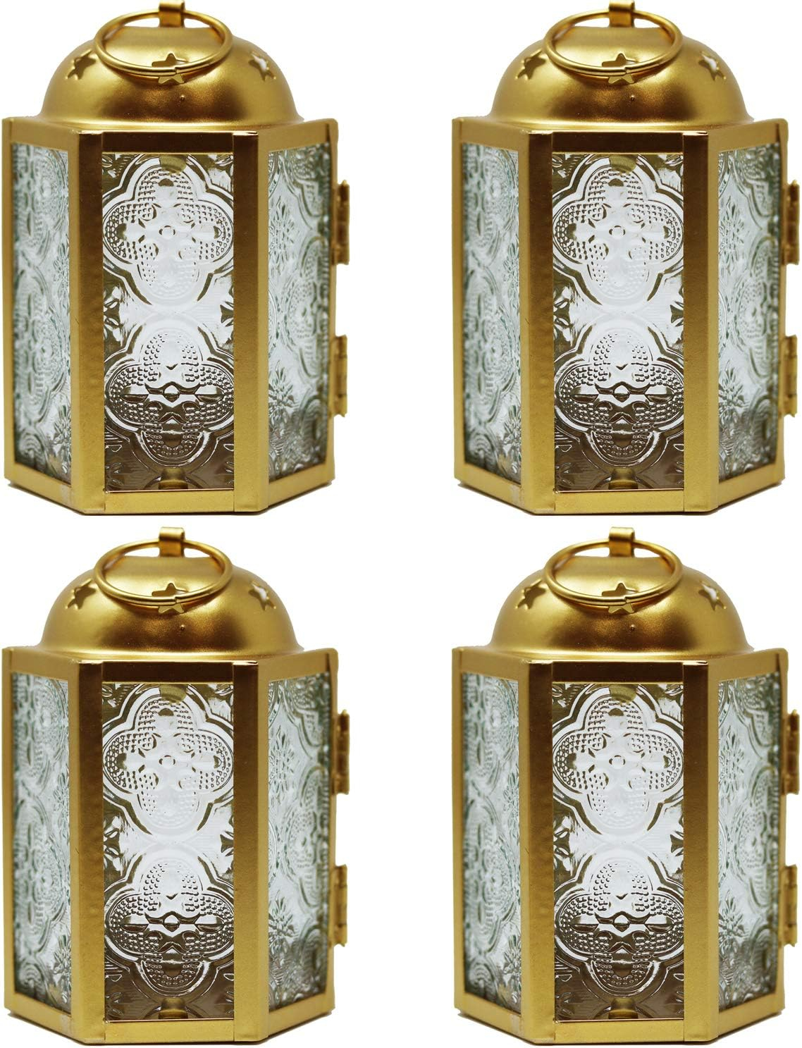 VELA LANTERNS Mini Moroccan Tea Light Candle Holder Lanterns – 4.25" Small Decorative Lantern for Table or Hanging, Metal with Glass Panels – Ramadan, Wedding, Home Decor, Gold (Set of 4)